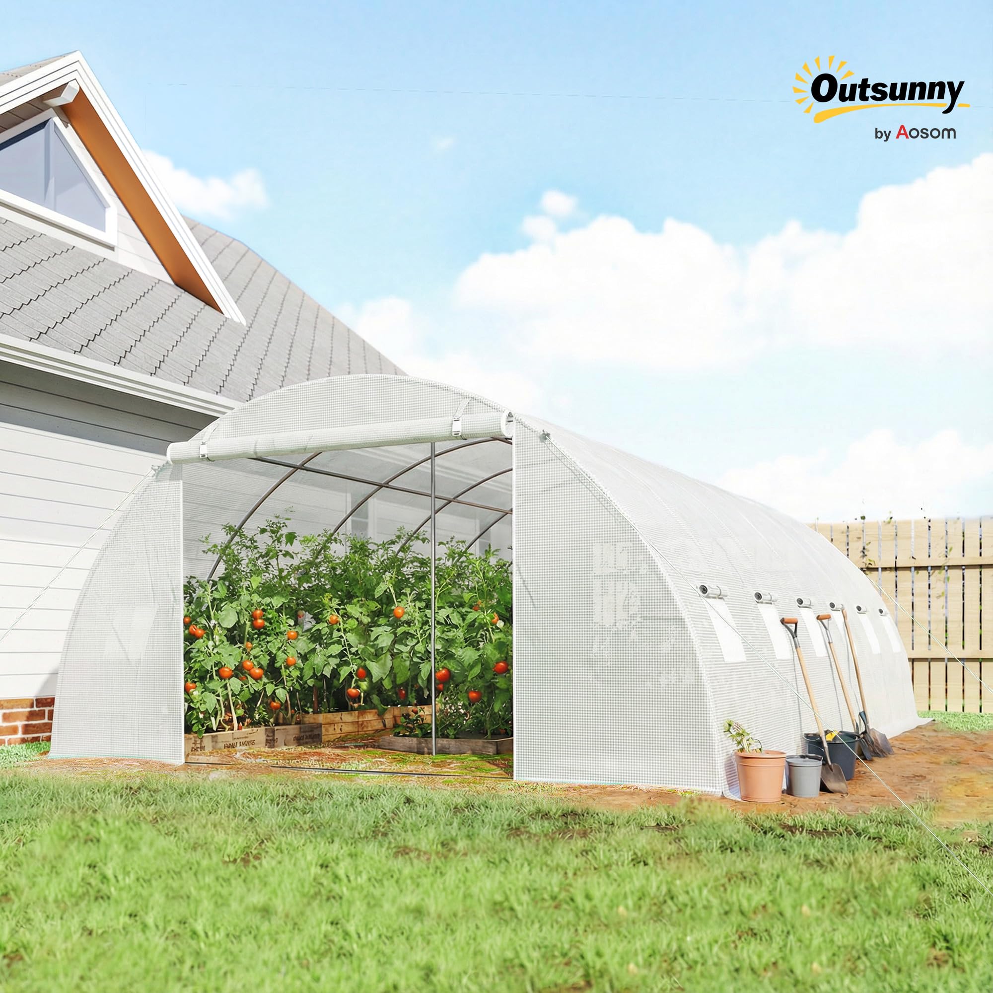 Outsunny Serra da esterno 6x4x2 m, Serra a tunnel con 2 aste di supporto, porte avvolgibili, finestre con rete, copertura in PE e telaio in acciaio zincato, anti-UV, impermeabile, bianca