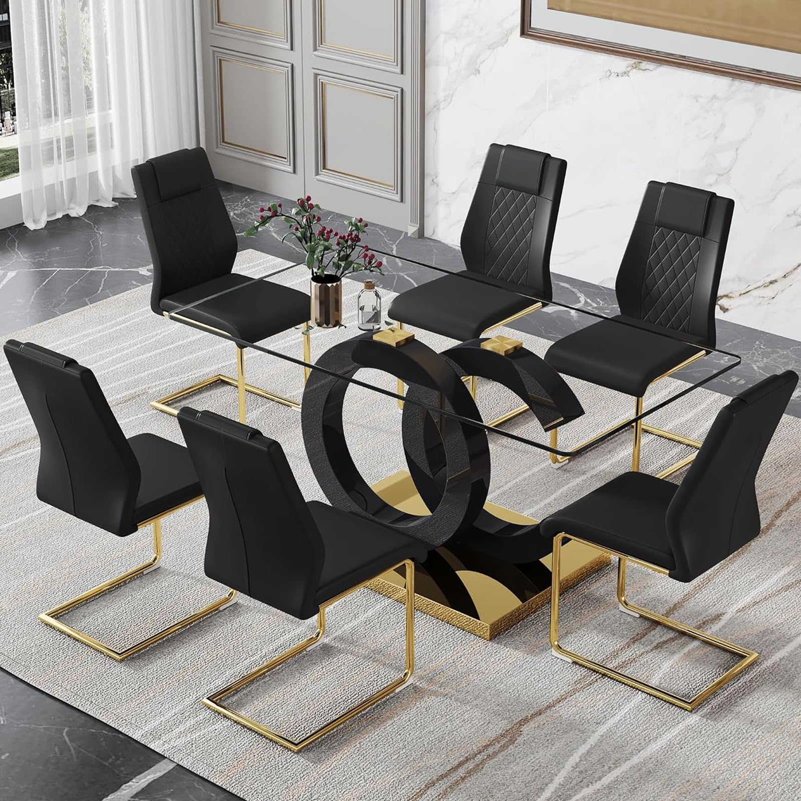 Amazon.com - Modern Glass Dining Table Set for 6,Kitchen Table Chairs ...