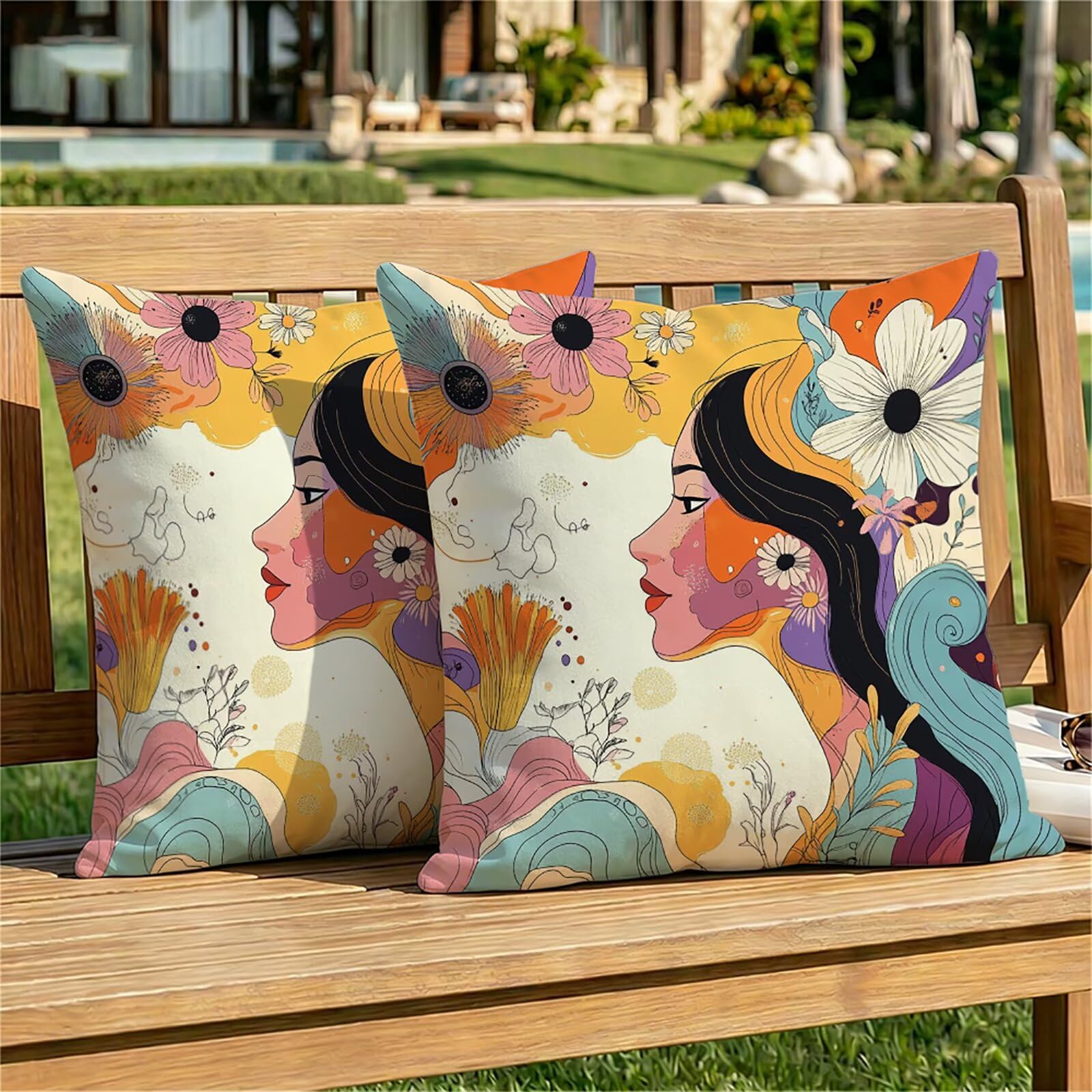 Coussin extérieur imperméable en velours abstrait 45x45 cm au design lavable - Lot de 2