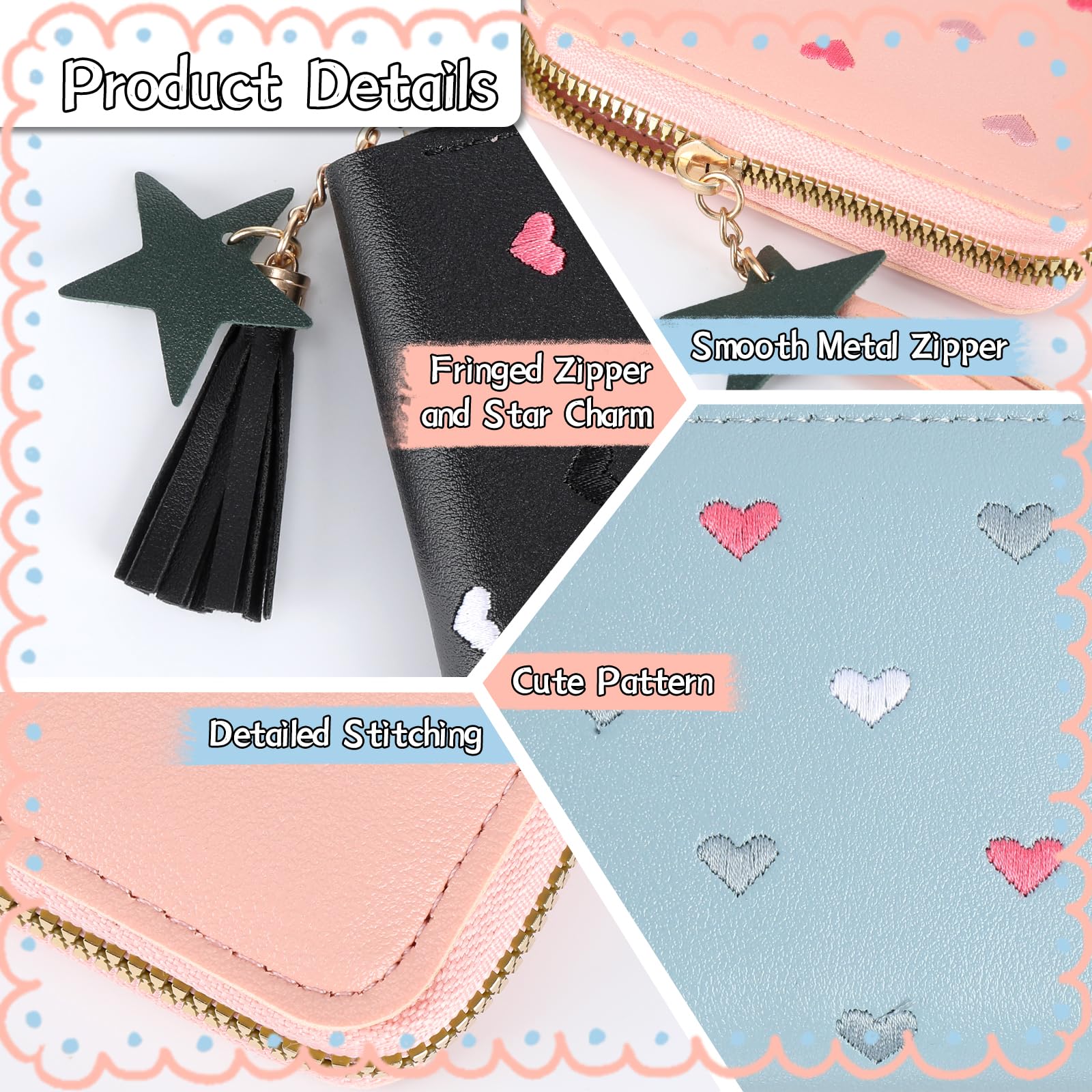 Lot de 3 porte-monnaie pour fille - En cuir synthétique - Avec pompon et fermeture éclair - Pour adolescentes et femmes (bleu, rose, noir)