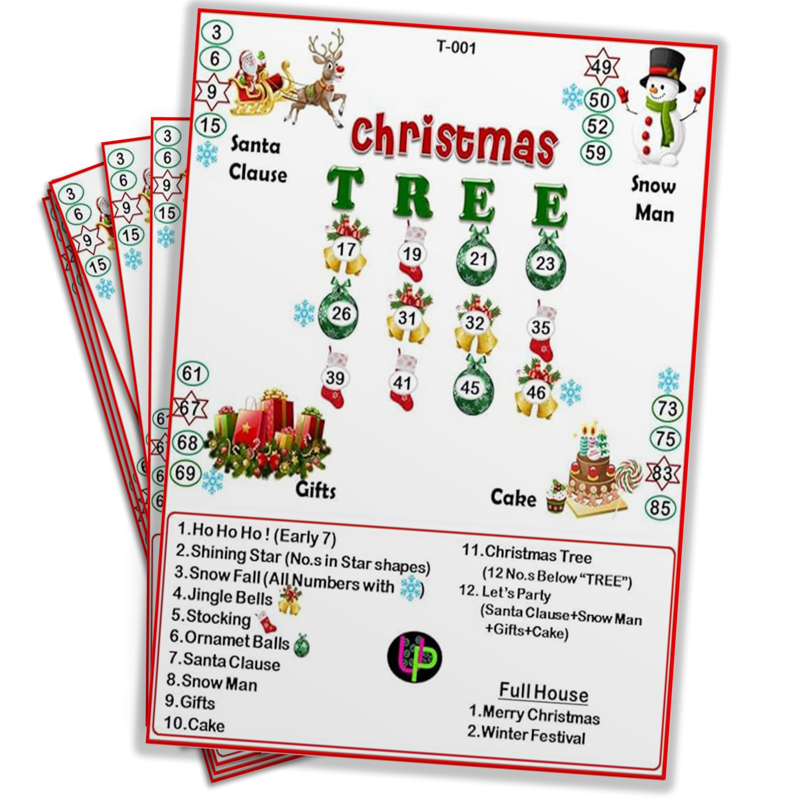 UltPult Tambola Christmas Tambola Tickets | Christmas Tree Theme Housie Tambola Themed Bingo Game | Kitty Party Theme Housie Tickets | English | for Family & Friends (Set of 15 Tickets)