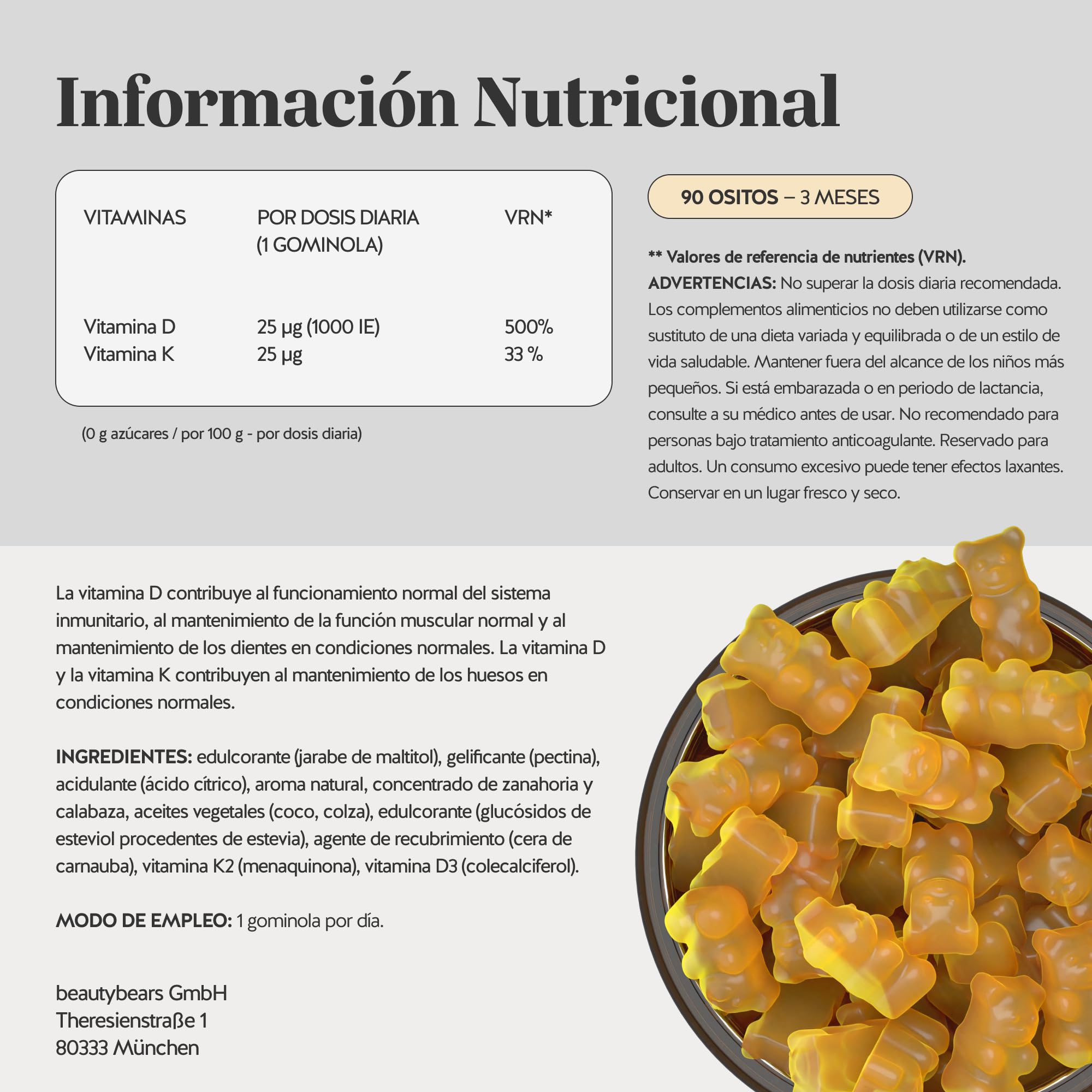 Vitamina D3 K2 - Hey Sunshine – Gominolas con vitamina D3 25 µg (1000 UI) y K2 – Función normal del sistema inmunitario – 90 unidades (3 meses) – Sin azúcar, Veganas – Bears with Benefits | Hey Sunshine Sun - Vitamina D3 25 µg (1000 UI) y K2 - Cuidado de
