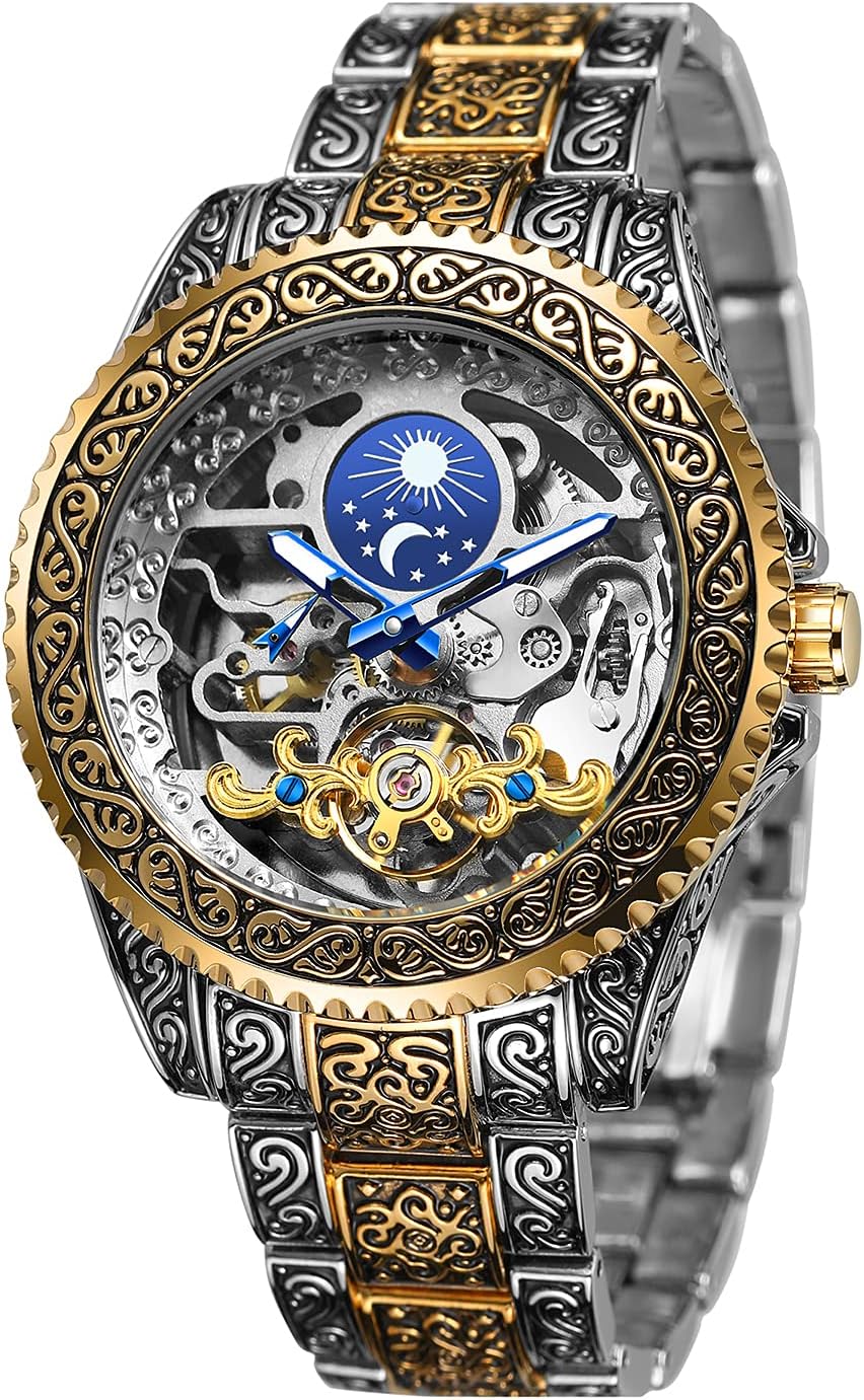 Men's Automatic Wind Watch with Skeleton Pattern and Automatic Engraving - Gold/Silver Mechanical Watch