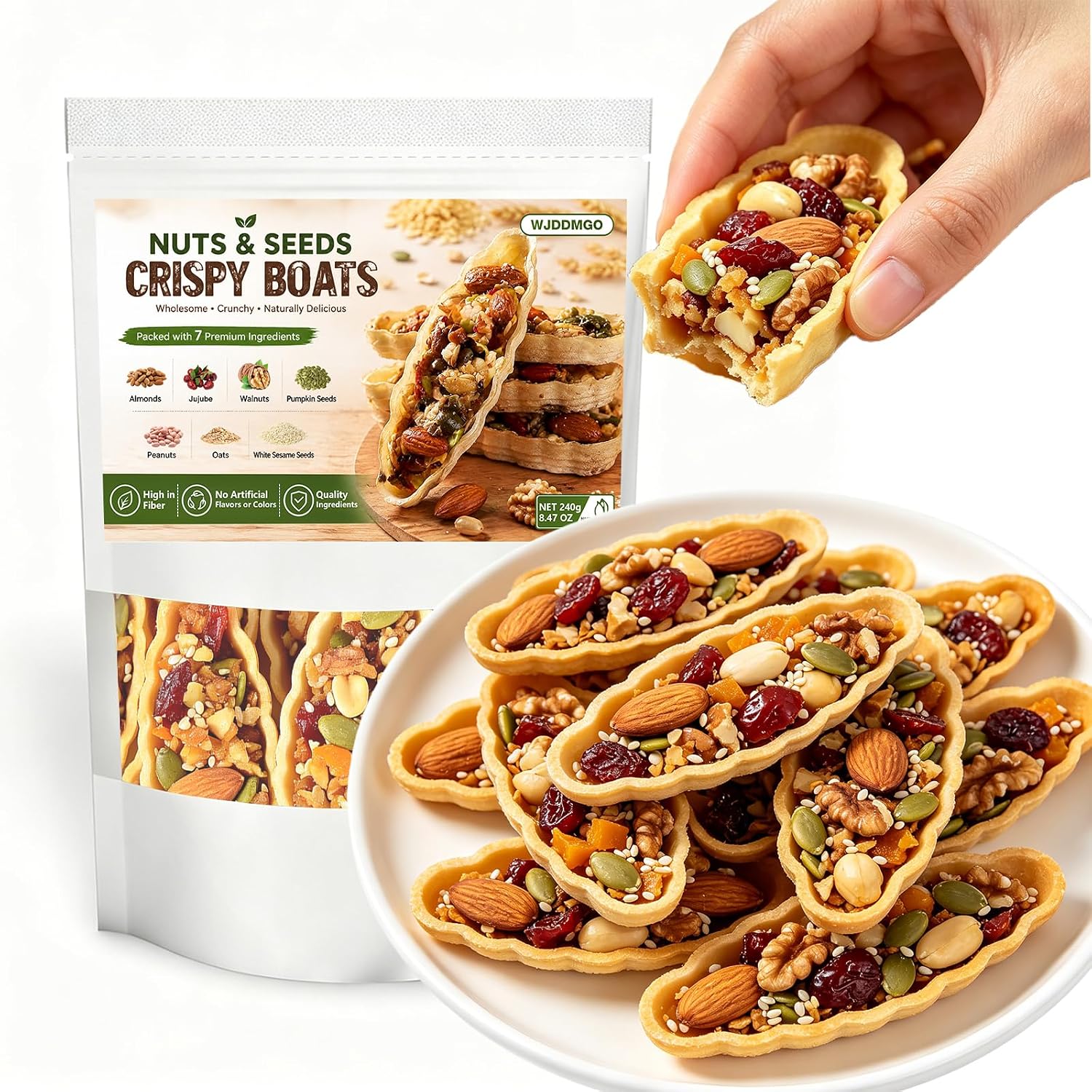 Almond Walnut Nut Boat Crisp, 8.46 oz Handmade Mixed Nut & Jujube Pastry.
