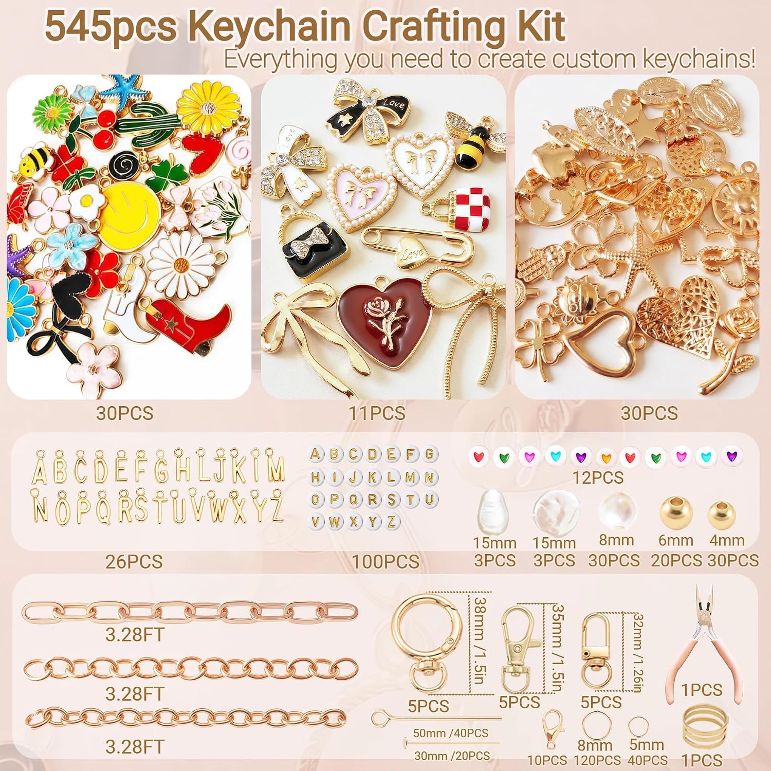 NewOasis 545Pcs Keychain Making Kit, Jewelry Making Supplies with Charms,Bow Bag Charms, Pearls, Chains,DIY Craft Supplies for Custom Keychains, Gift, Party, or Family Activ