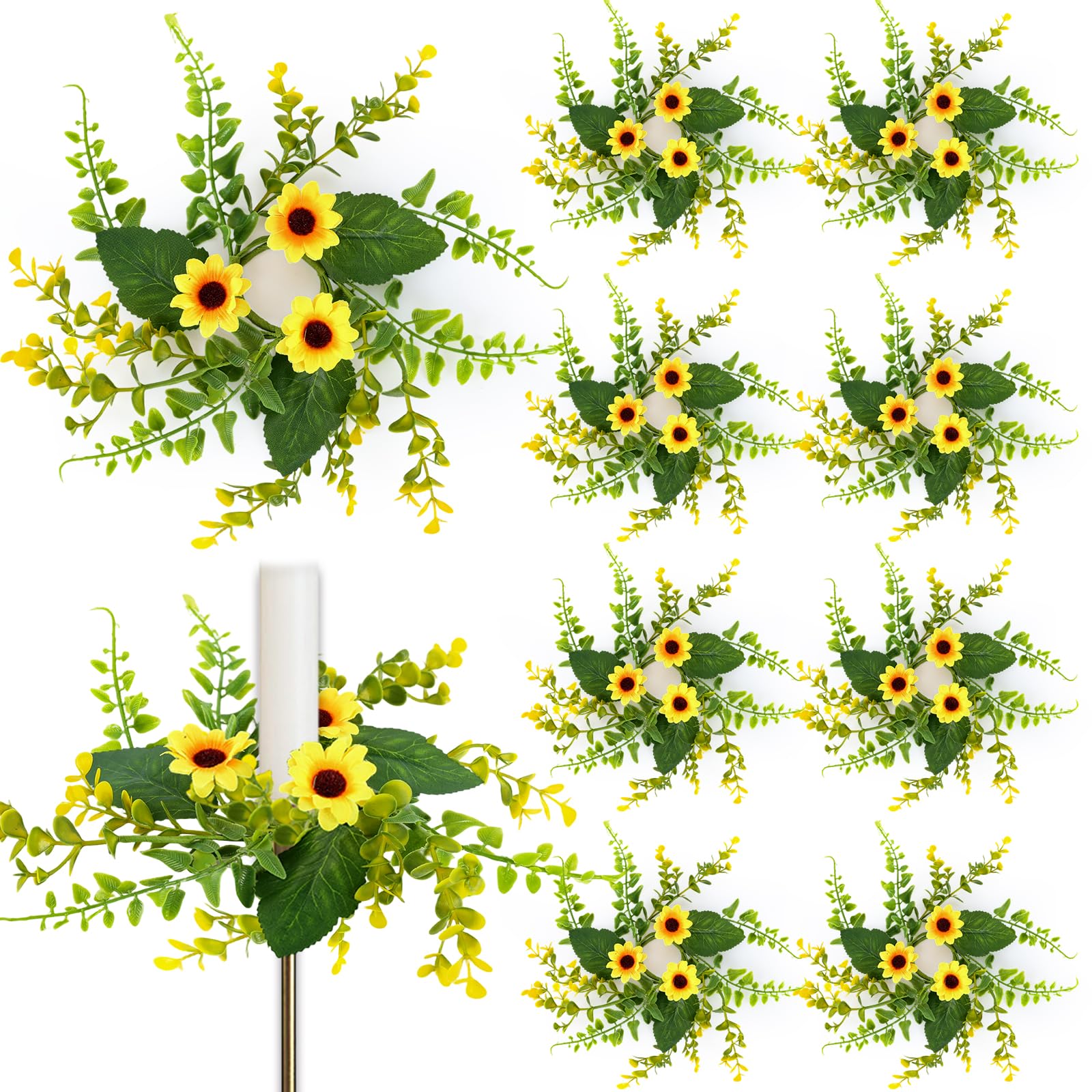 8 PCS Sunflower Taper Candle Rings Wreaths 1.38" Mini Spring Floral Taper Candle Holder Wreaths Yellow Artificial Flower Table Centerpieces Wreath for Summer Church Wedding Home Candlesticks Decor