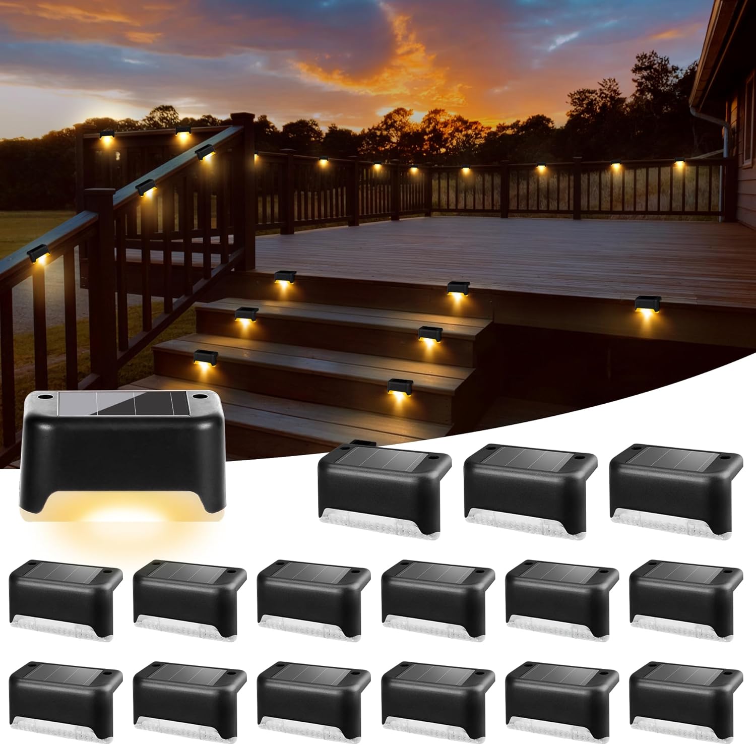 Solar Deck Lights Outdoor 20 Pack Black, Solar Step Lights Waterproof Led Light for Outside Stair, Fence, Yard, Garden, Patio and Pathway(Warm White)