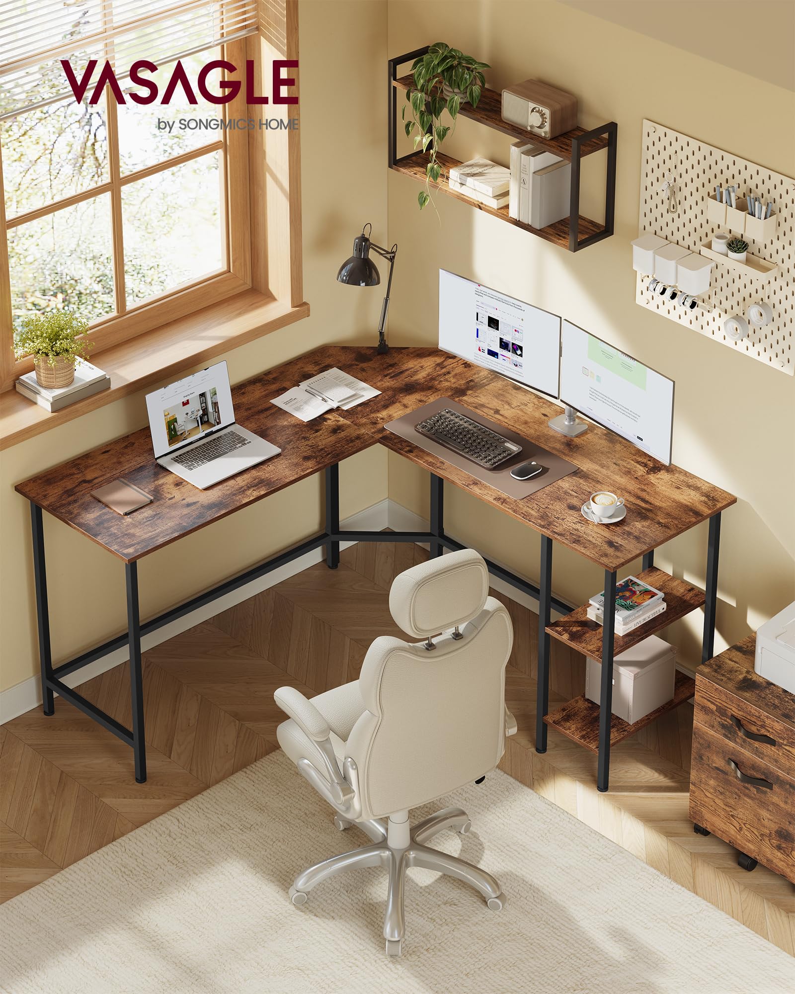 VASAGLE Scrivania per Computer a Forma di L, 138 x 138 x 76 cm, Scrivania ad Angolo con 2 Ripiani, per Ufficio Studio, Marrone Vintage e Nero LWD72X