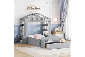 Twin Bed with Storage for Kids, Space-Saving Twin Floor Bed Frame with Shelves and Drawer