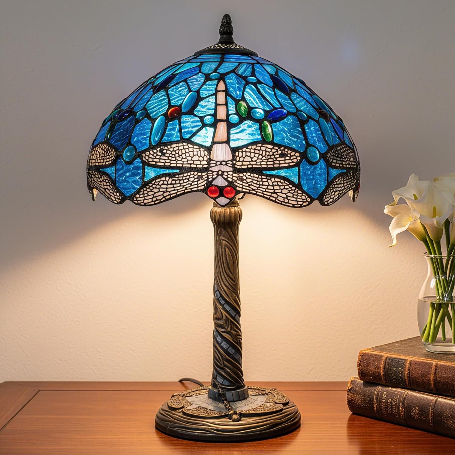 Tiffany-Style Table Lamp, 12" Blue Dragonfly Handmade Stained Glass Lamp Shade, Vintage Reading Light for Bedroom Living Room, LED Bulb Included