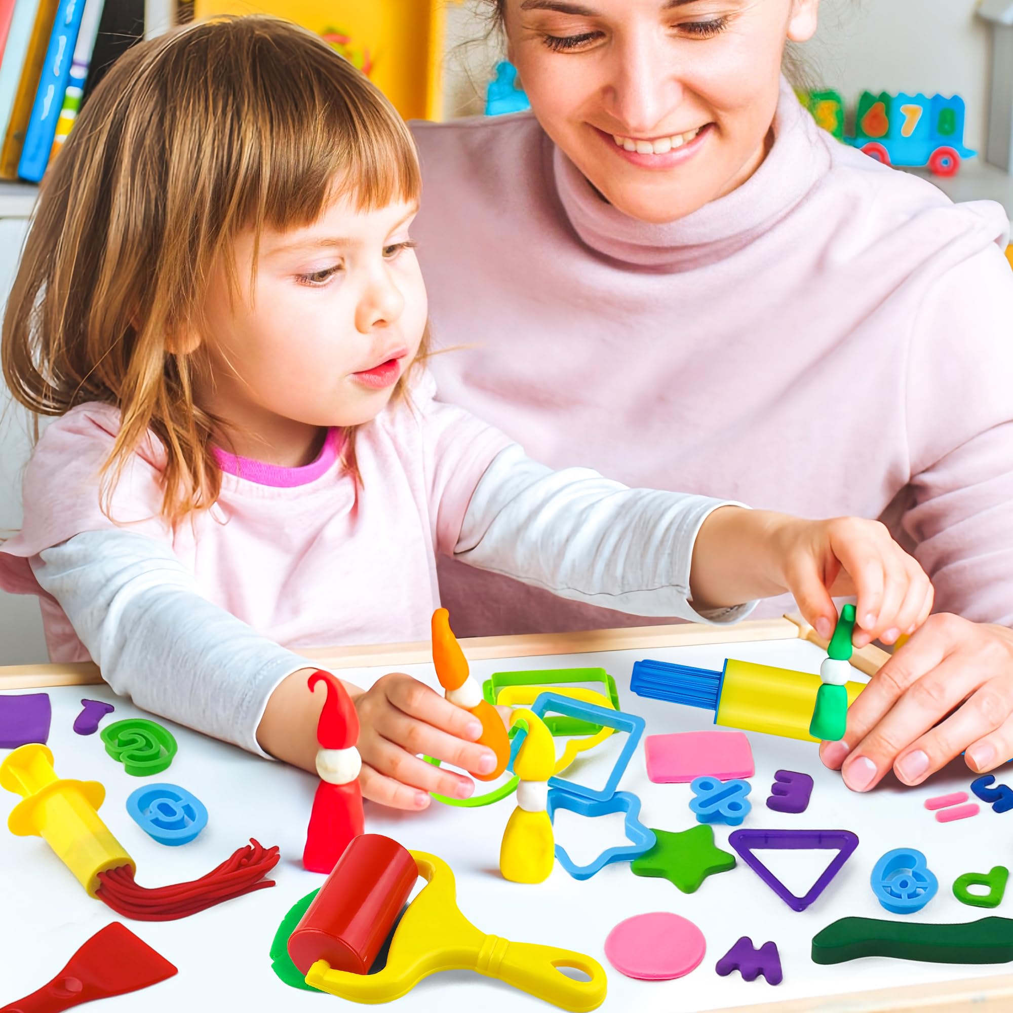 Oun Nana Playdough Tools Set 57 PCS Plastic Playdough Toys Accessories with Play Dough Alphabet Letters and Numbers Cutters, Rolling pin, Rollers, Dough Extruder, Safety Scissors, Plastic Knife - Image 7