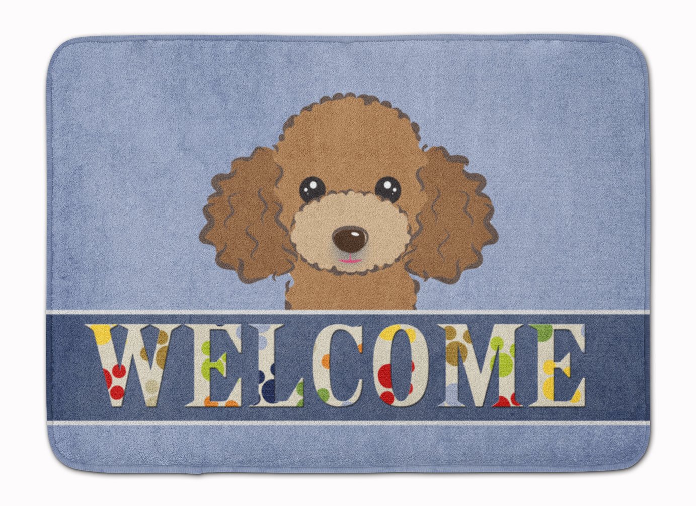 Caroline's Treasures BB1442RUG Chocolate Brown Poodle Welcome Machine Washable Memory Foam Mat, Blue, Bathroom Rug, Non-Slip Bath Mat, Durable Thick Washable Rugs for Kitchen, Bathroom Quick Dry, Deco