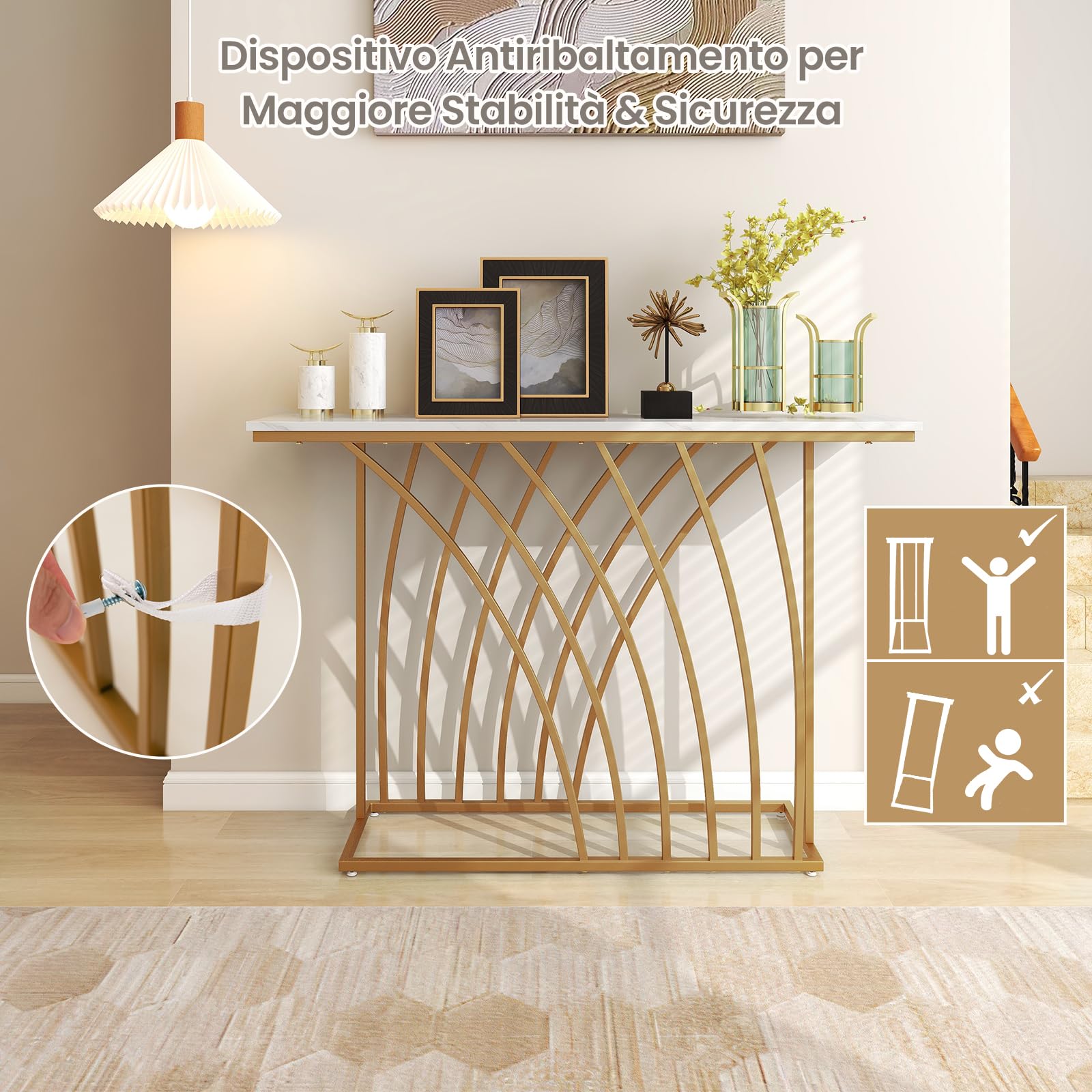 COSTWAY Tavolo Consolle, Tavolo da Ingresso Moderno con Piano Effetto Marmo Bianco, Base Geometrica, Tavolo Lungo e Stretto da Divano per Soggiorno e Ingresso