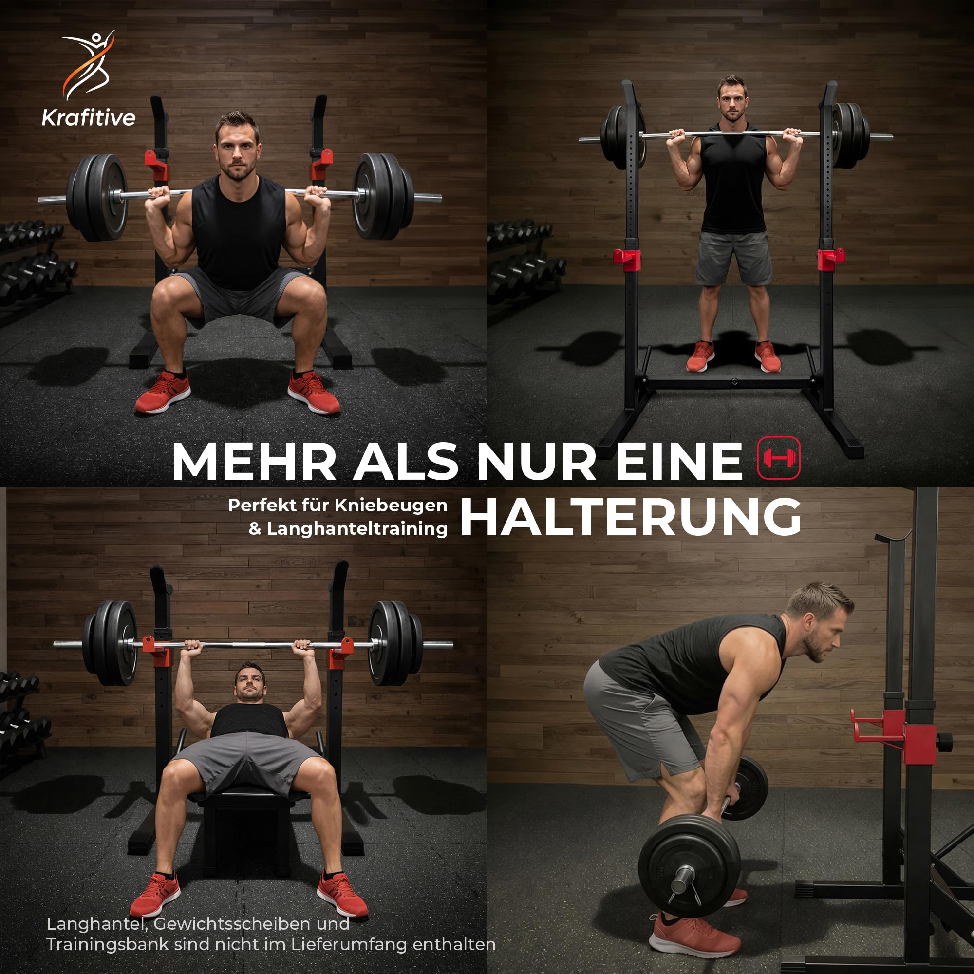 Hantelständer bis 200kg Langhantelständer Höhenverstellbar inkl. Safety-Spotter, Squat Rack Kniebeugenständer für Bankdrücken & Home Gym, Hantelablage aus Stahl, Schwarz