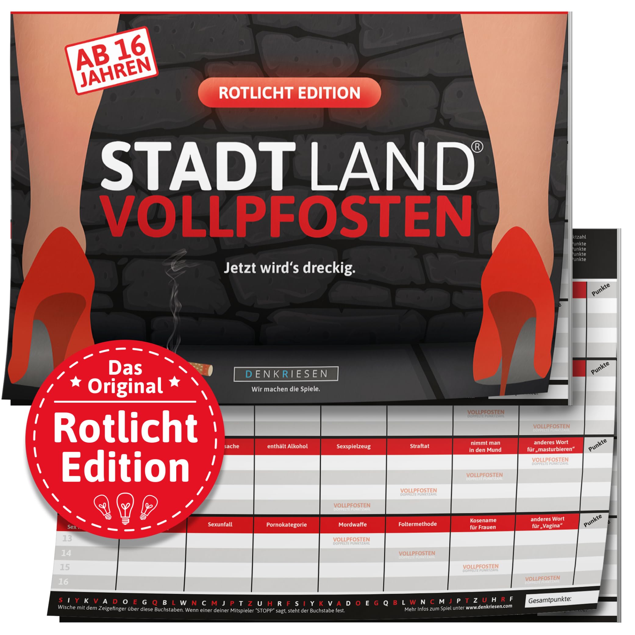 Stadt Land VOLLPFOSTEN® - Rotlicht Edition | Partyspiel ab 16 Jahren DIN A4 Spielblock | Stadt Land Fluss | Gesellschaftsspiel | 50 Blätter | Lustige Spiele | 32 knallharte Kategorien von DENKRIESEN