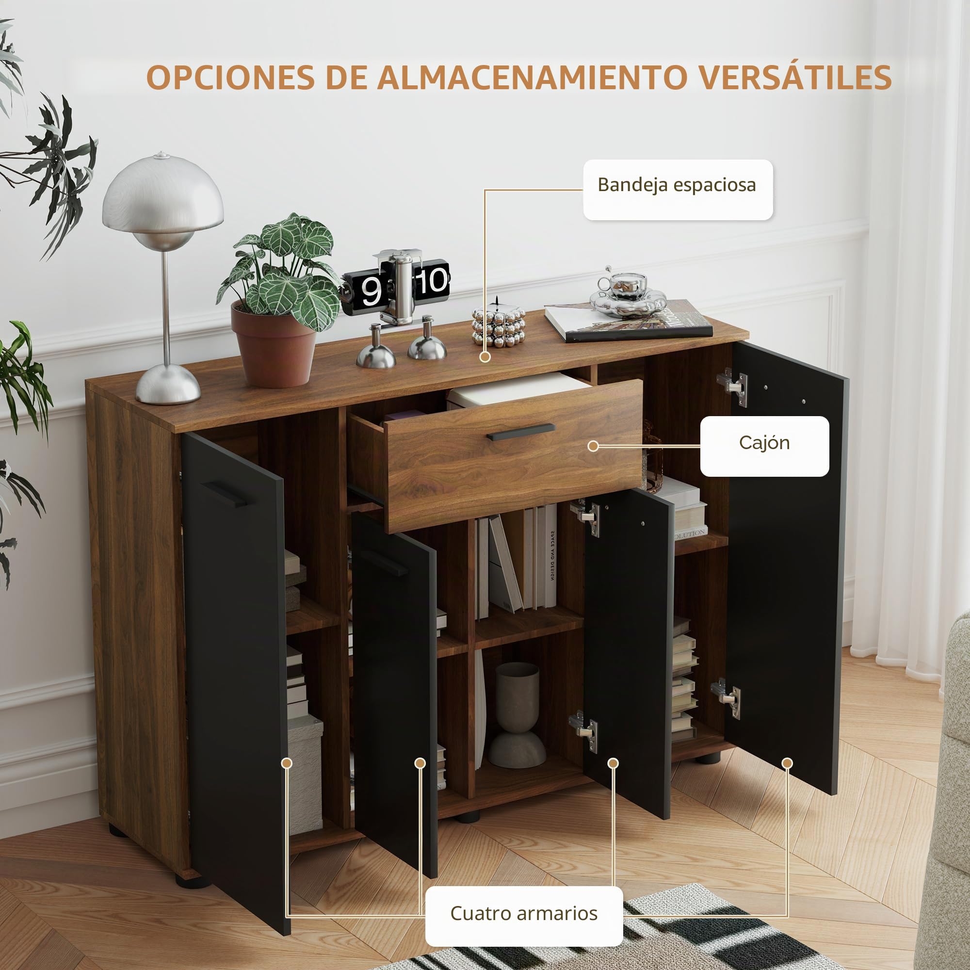 HOMCOM Aparador de Almacenamiento 120x35x85cm Marrón y Negro | 4 armarios, cajones, estantes ajustables, mueble de comedor