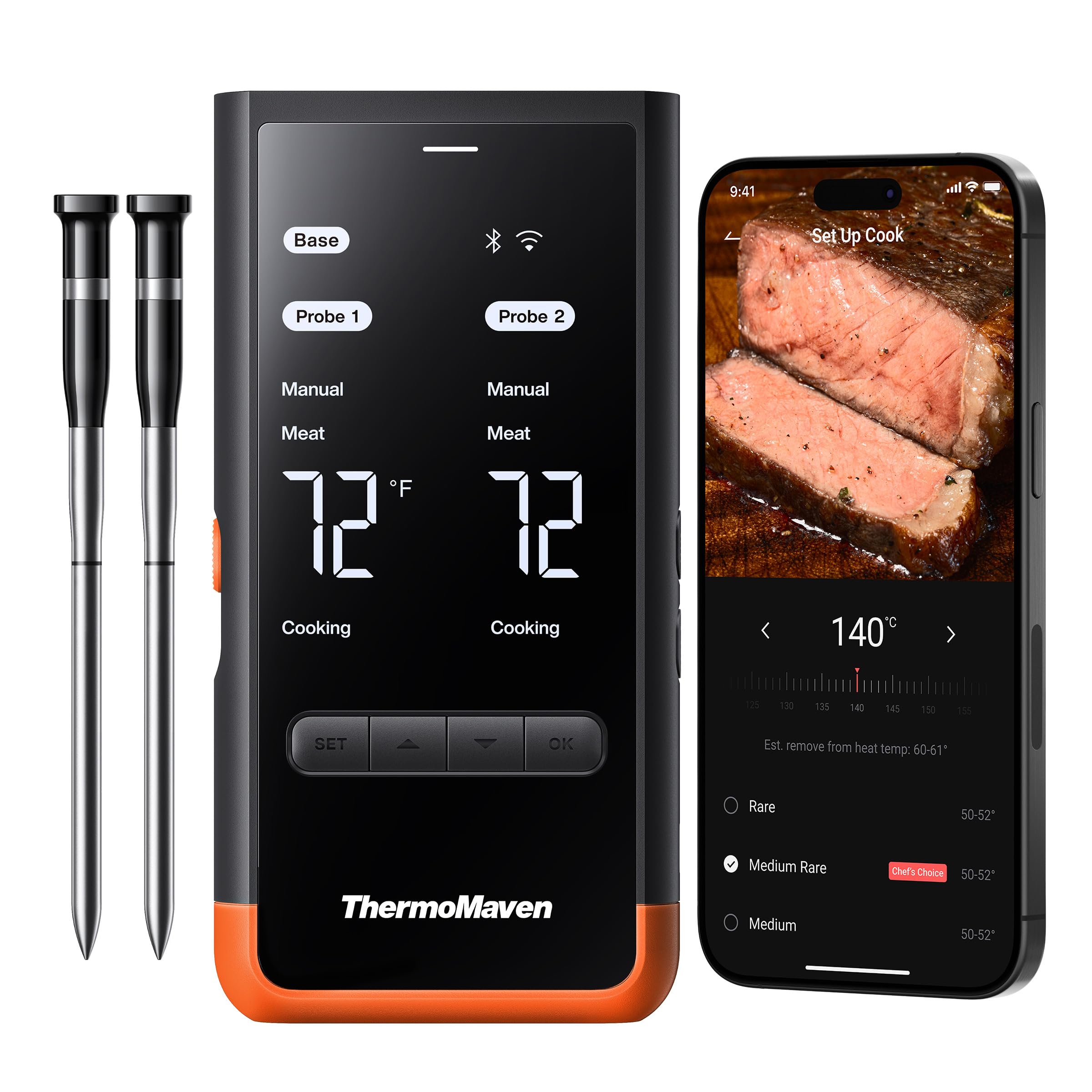 ThermoMaven P2 Kabellose Smarte Fleischthermometer – 152m Bluetooth 5.3, 2 Sonden 6 Sensoren, Unbegrenzte WiFi Überwachung Stabilität