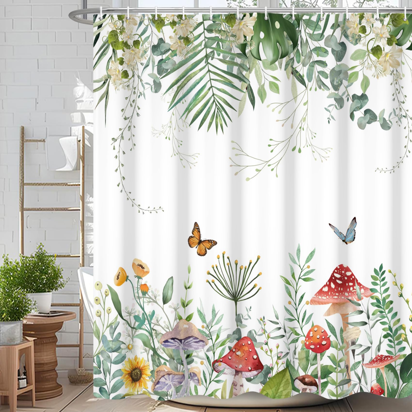 Velaequezii Spring Green Plant and Flowers Shower Curtain Wildflower Butterfly Mushroom Printed Bath Curtain Waterproof Washable Fabric Bathroom