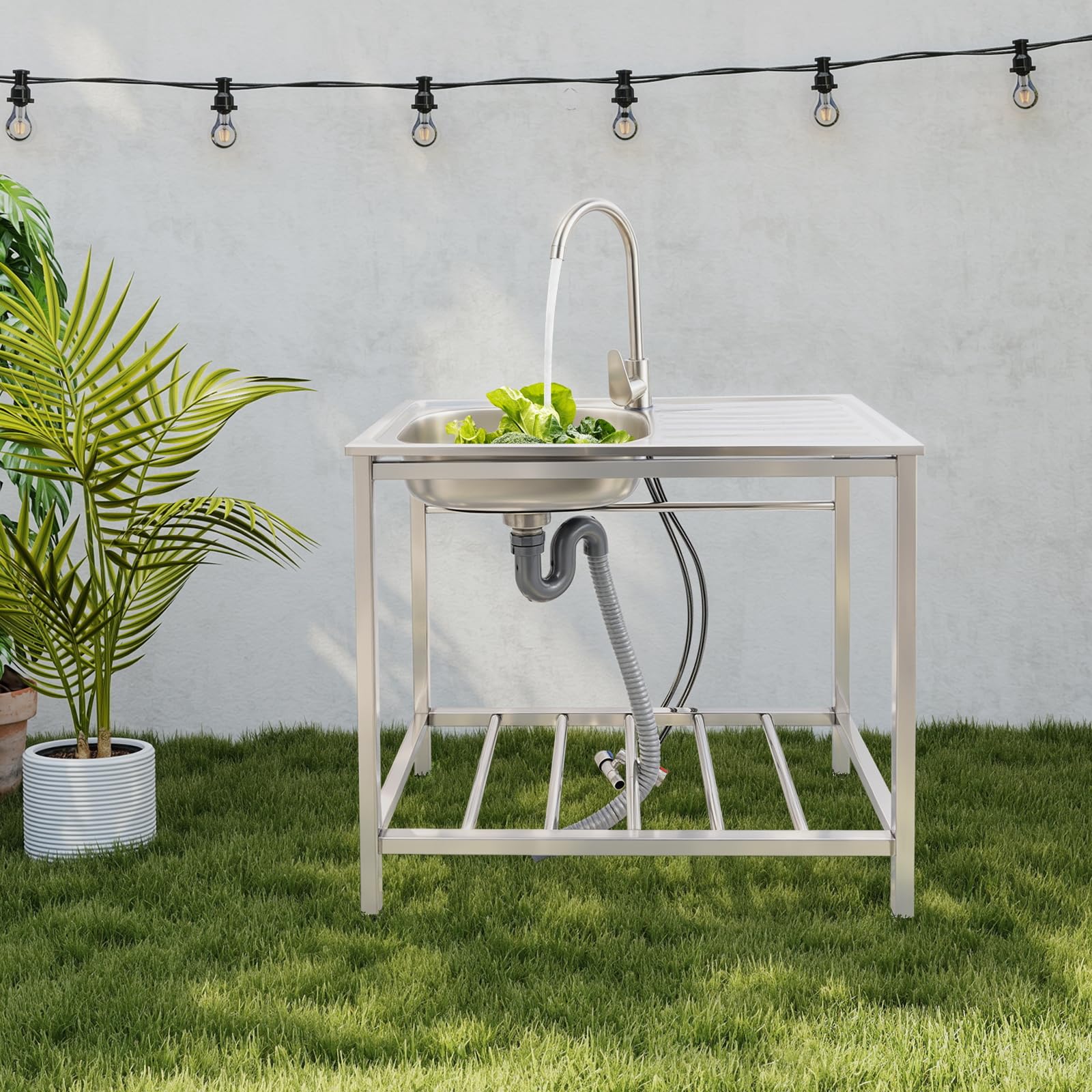 Fregadero de cocina independiente de acero inoxidable, 75 x 40 cm, con grifo | Fregadero de cocina independiente de acero inoxidable para jardín y terraza con desagüe y patas ajustables