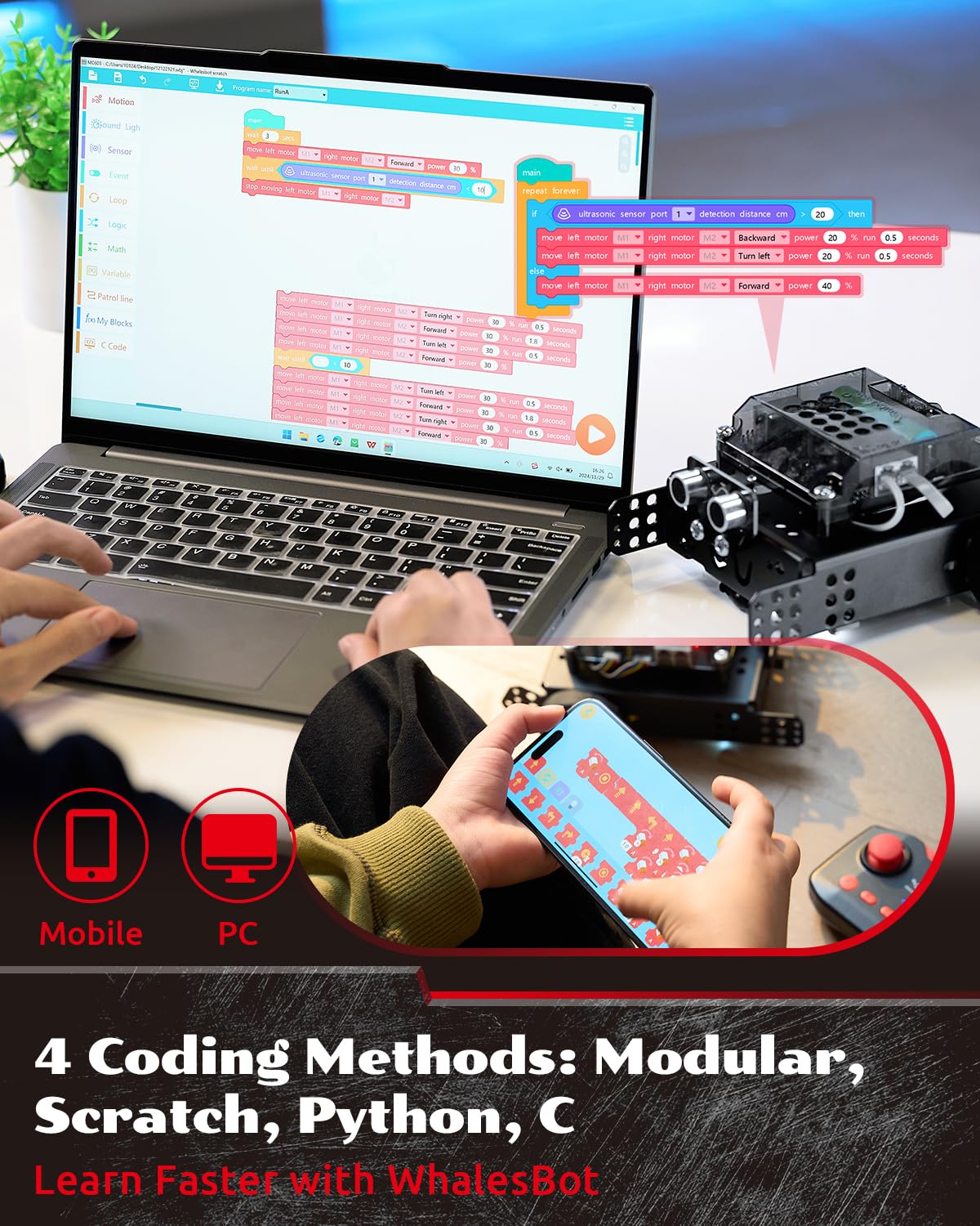 WhalesBot Rocky Coding & Remote Control Robot Kit for Kids 8-16, Modular/Scratch/Python/C Programming, Educational Engineering Science Toy Set with Multiple Sensors and Smart Controller