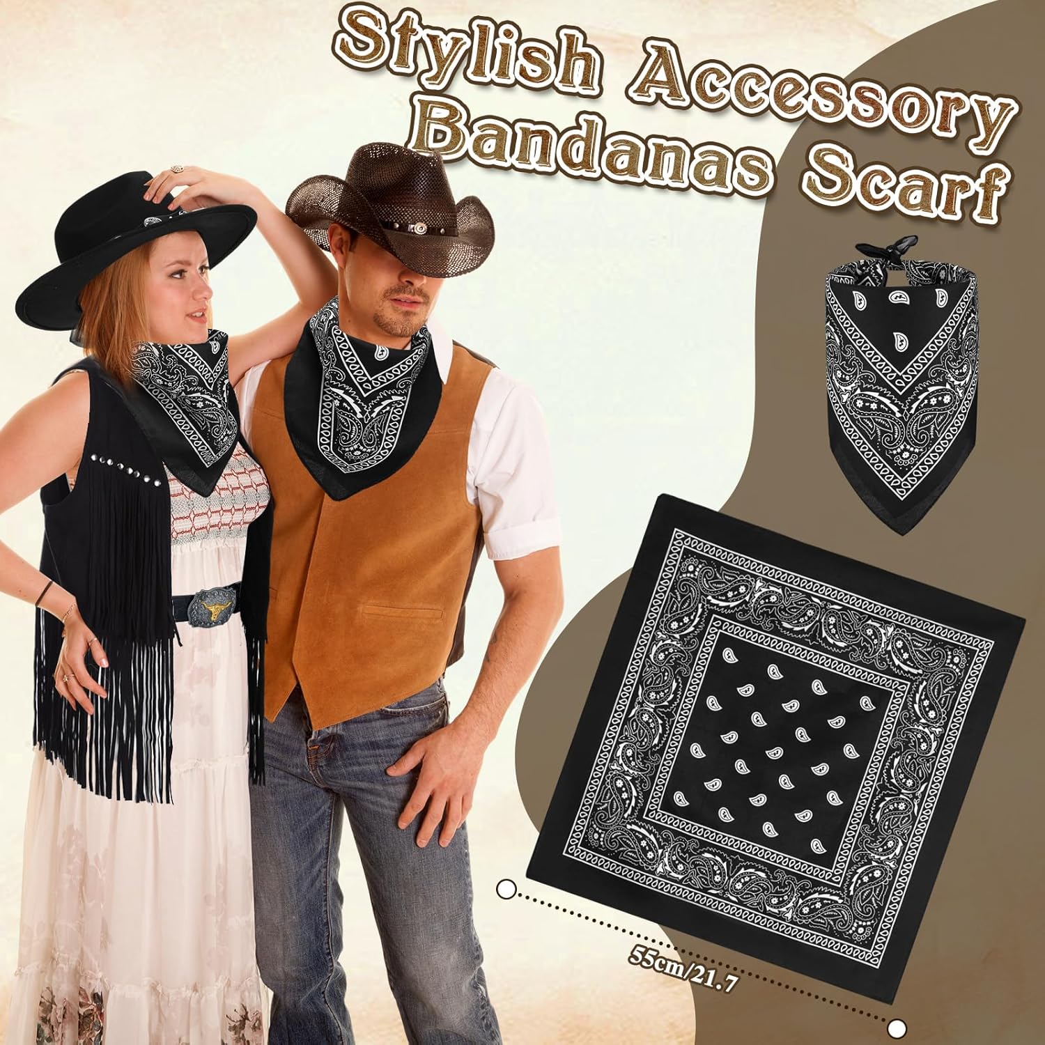 Suhine 4 Pcs Cowgirl Western Outfits for Women Sleeveless Tassel Vest Cowboy Hat Leather Buckle Belt Paisley Bandana - Image 5