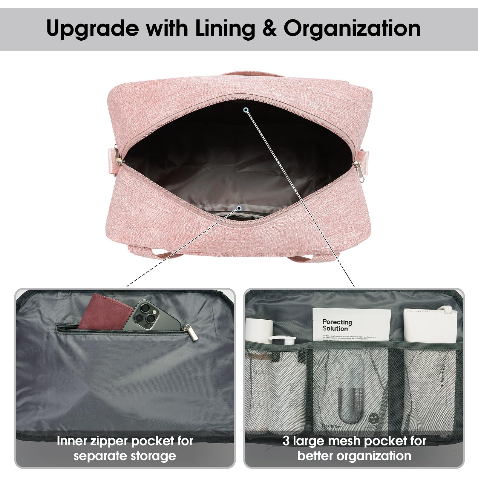 Narwey Bagaglio a Mano 40x20x25 Ryanair, Sottosella Pieghevole Borsone da Viaggio, Valigia Bagaglioa Mano per Uomo Donna, Borsa da Viaggio Donna Zaino Ryanair Cabina Borsa Aereo (Rosa)