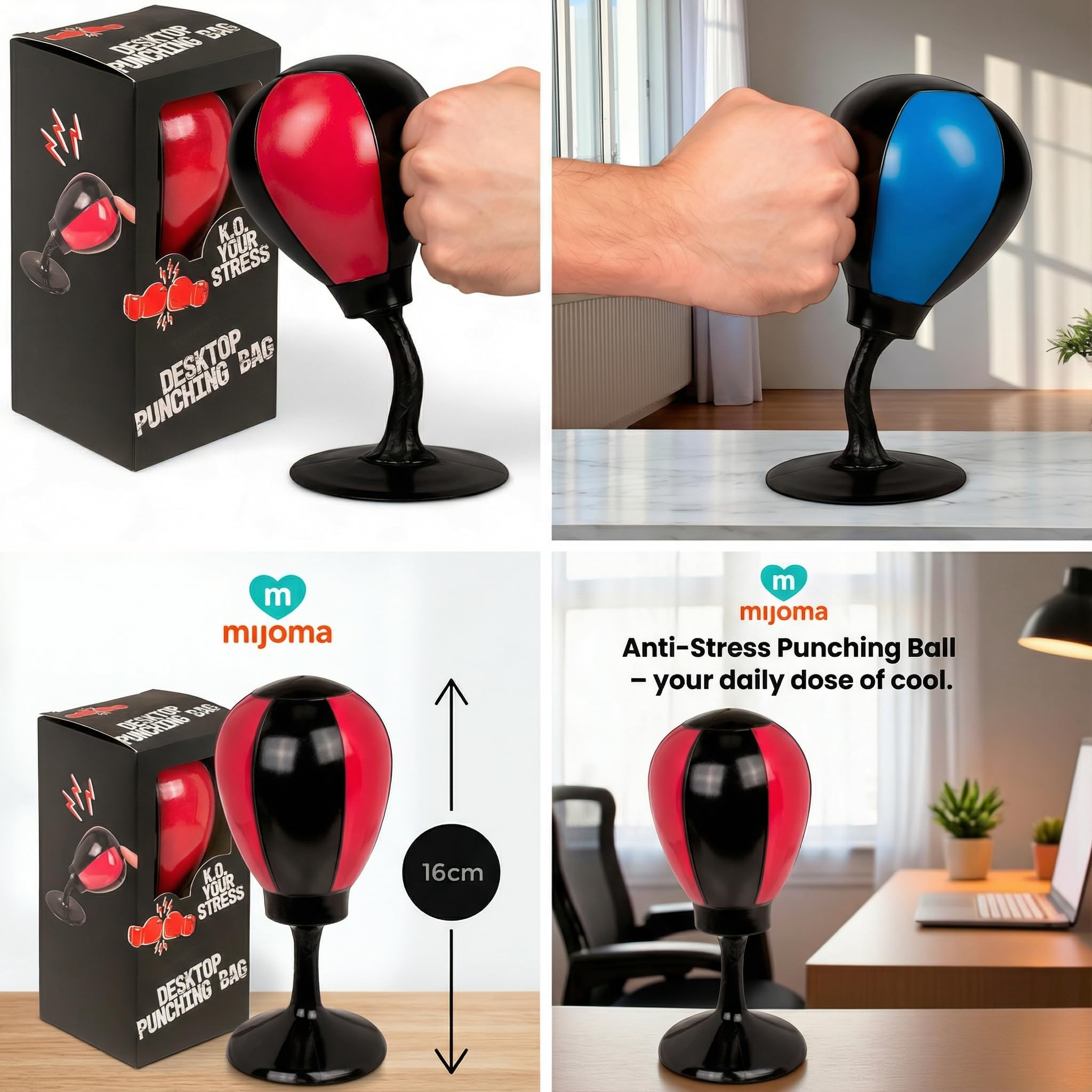 MIJOMA Borsa da boxe da scrivania 16 cm – Antistress Punching Ball con ventosa, colore casuale – Divertente antistress per ufficio e home office