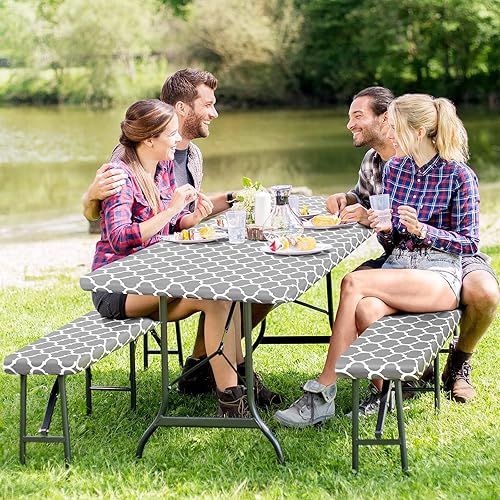 Miniatura 7 de Senneny Juego de 3 fundas para mesa de picnic ajustables con funda de banco y bolsa con cordón, mantel de vinilo 100% impermeable con respaldo de