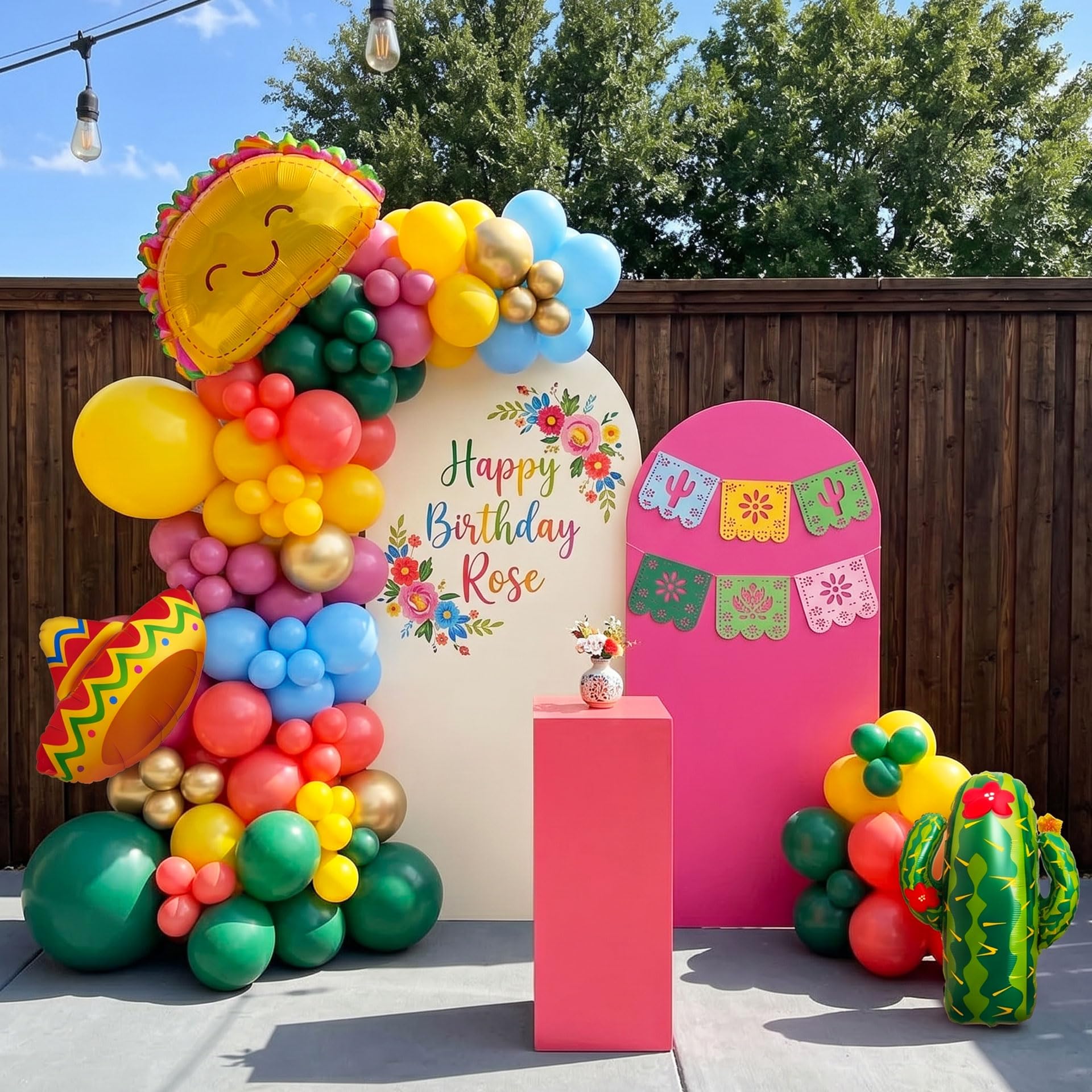 View 1 of 131Pcs Cinco De Mayo Mexican Fiesta Balloon Arch Kit, Dark Green Lemon Yellow Coral Red Pink Blue Gold Balloon Garland with Mexican Hat Cactus Balloons, for Fiesta Party Decorations, Birthday
