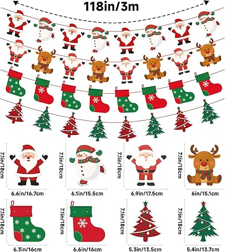 Miniatura 2 de jijAcraft Paquete de 4 pancartas de Navidad, decoraciones de Navidad con diseños de Papá Noel, muñeco de nieve, reno y árbol, guirnalda colgante
