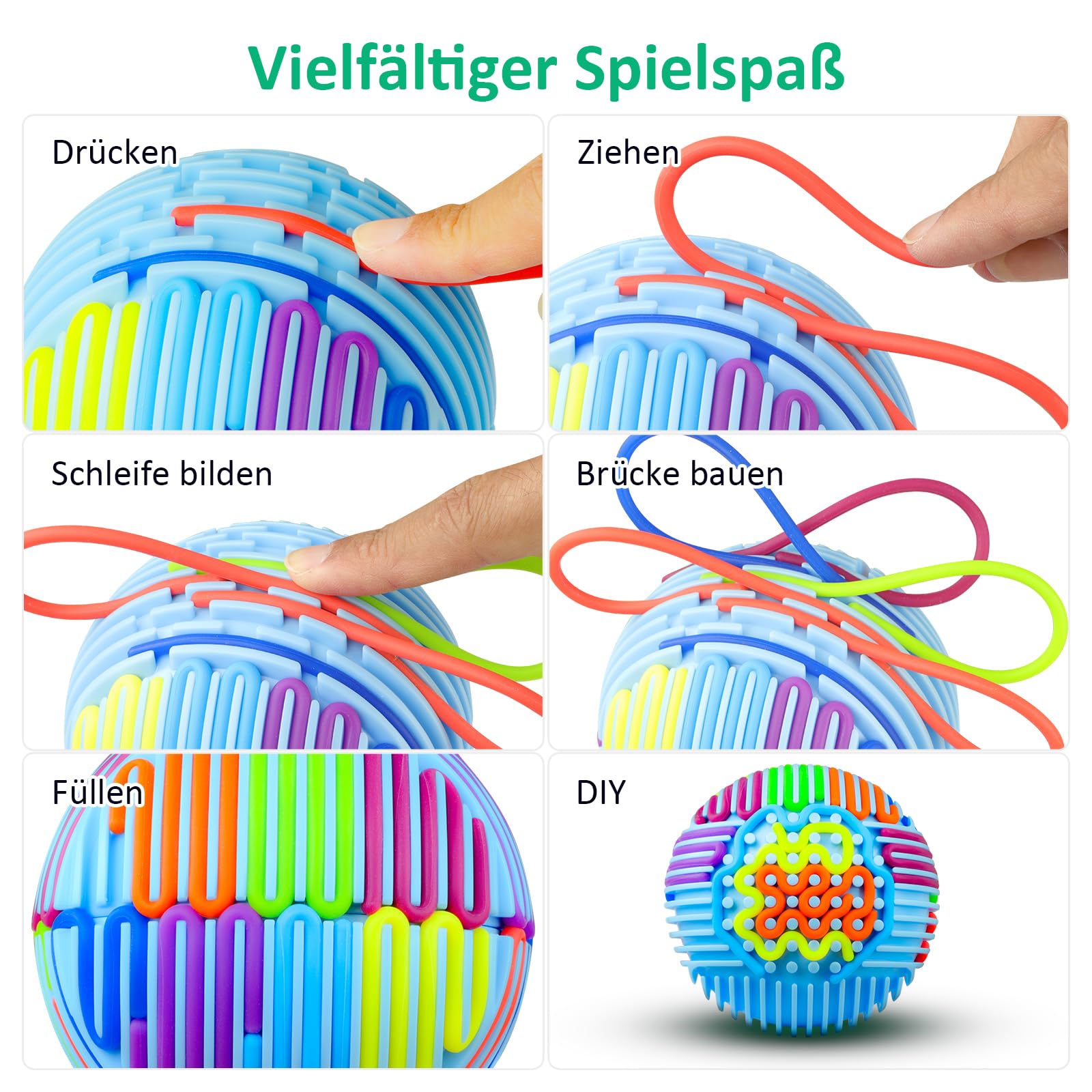 NHQZ Pelota De Actividades Sensoriales De Silicona – Diseño Dividido Con 16 Cuerdas De Colores, Ideal Para TDAH, Alivio Del Estrés Y Estimulación Táctil