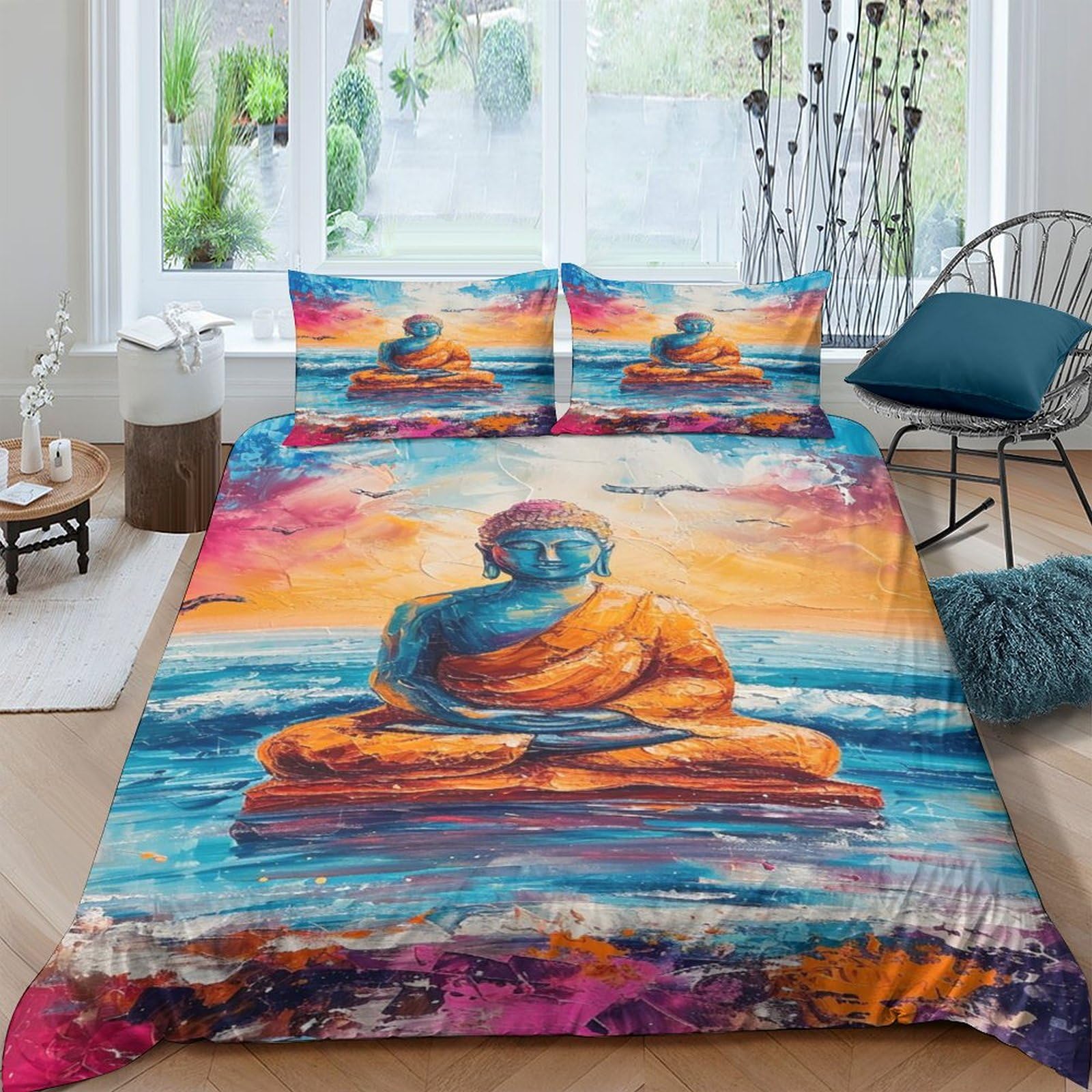 Housse de couette Bouddha avec 2 taies d'oreiller en microfibre pour lit double 200x200