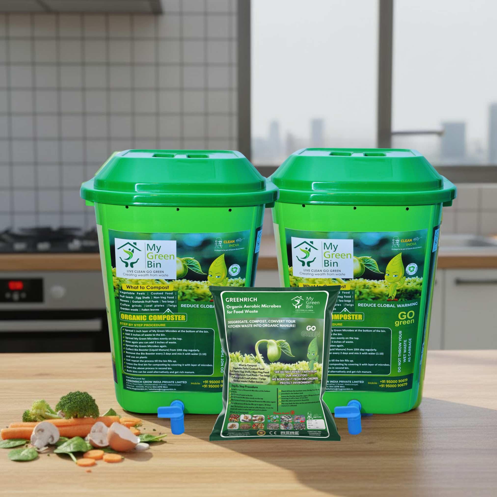 MyGreenBin 25L Bio Compost Bin (Set of 2) + 5L Microbes | Organic Waste Converter | Odor-Free, No Flies | No Electricity, Maintenance-Free | Eco-Friendly (Green, 25L)-image-0