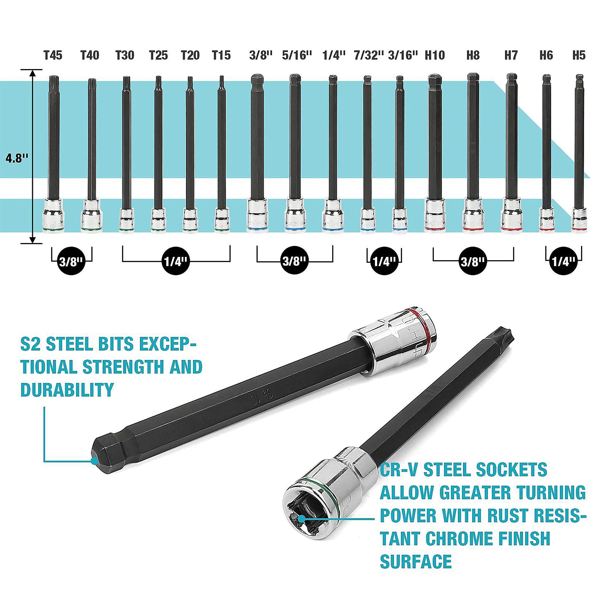 DURATECH 24Piece Extra Long Bit Socket Set, 1/4'' and 3/8'' Drive