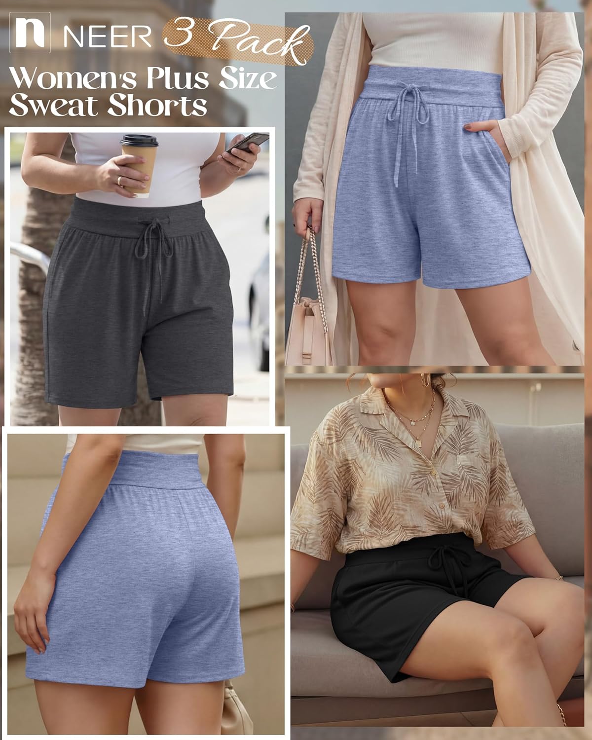 Neer 3 Pack Women's Plus Size Sweat Shorts, Drawstring Lounge Shorts Casual Summer Lightweight Soft Shorts with Pockets - Image 2