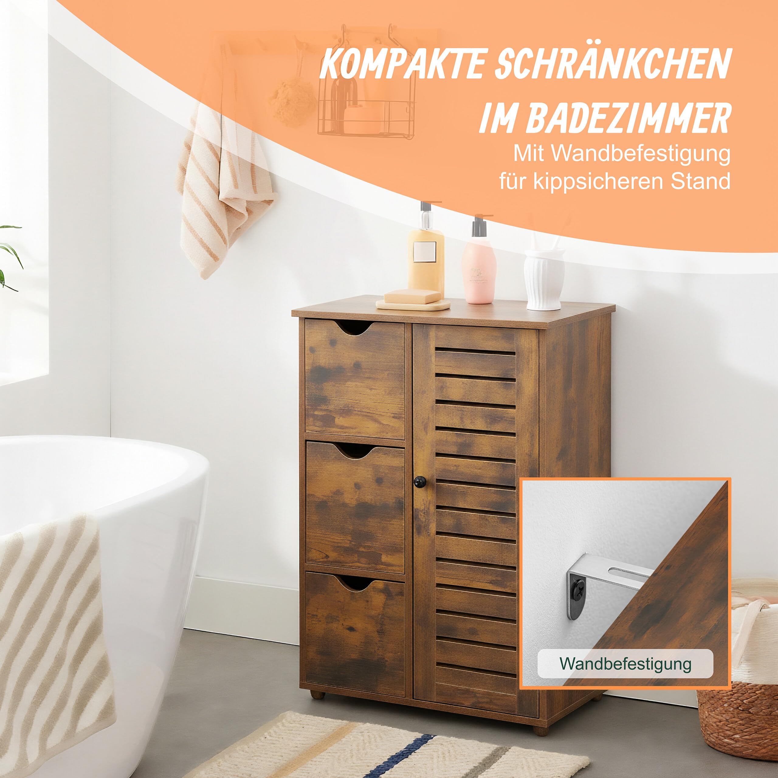 Relaxdays Badezimmerschrank, HxBxT: 80 x 60 x 30 cm, 3 Schubladen & Fächer, Beistellschrank für Bad, Flur, Küche, braun