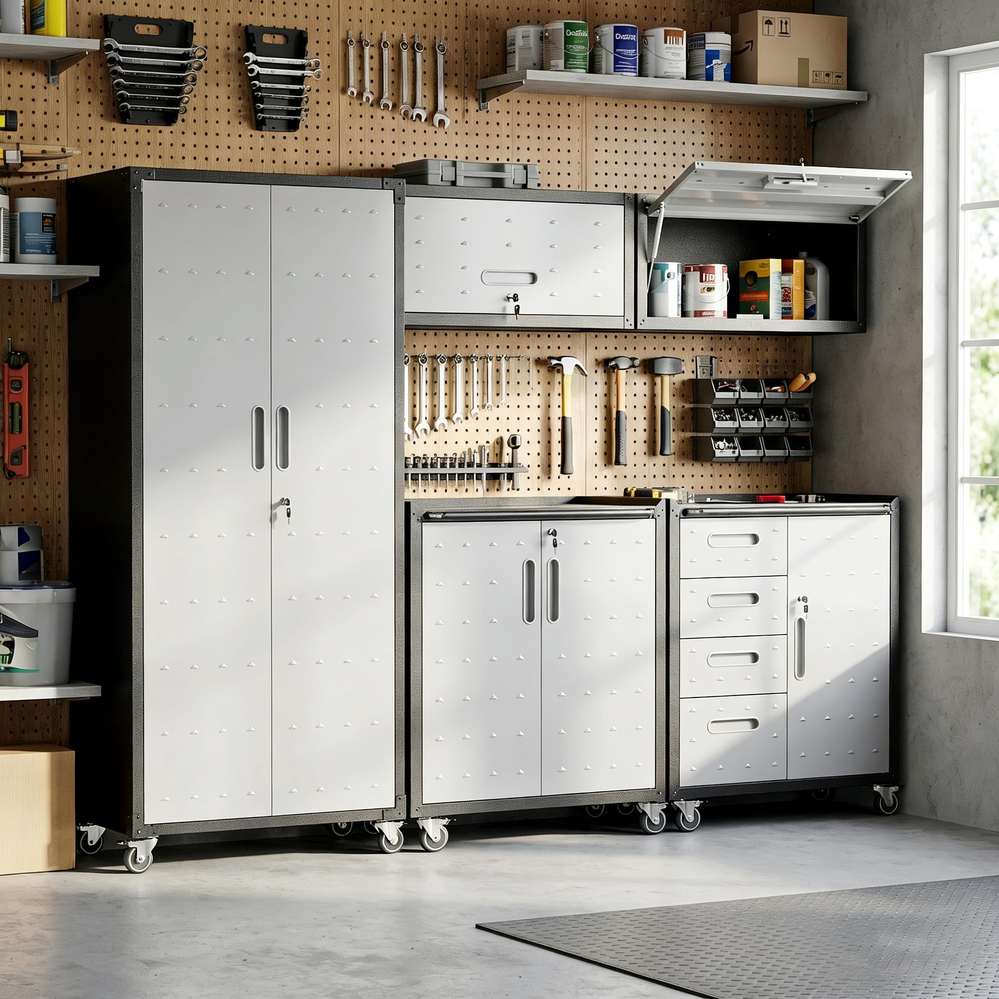 Garage Cabinet System | Heavy Duty Steel All-in-One Modular Garage Cabinet Set for Ultimate Workshop Organization | Easy Assembly Garage Storage Cabinets &amp; Tool Bench