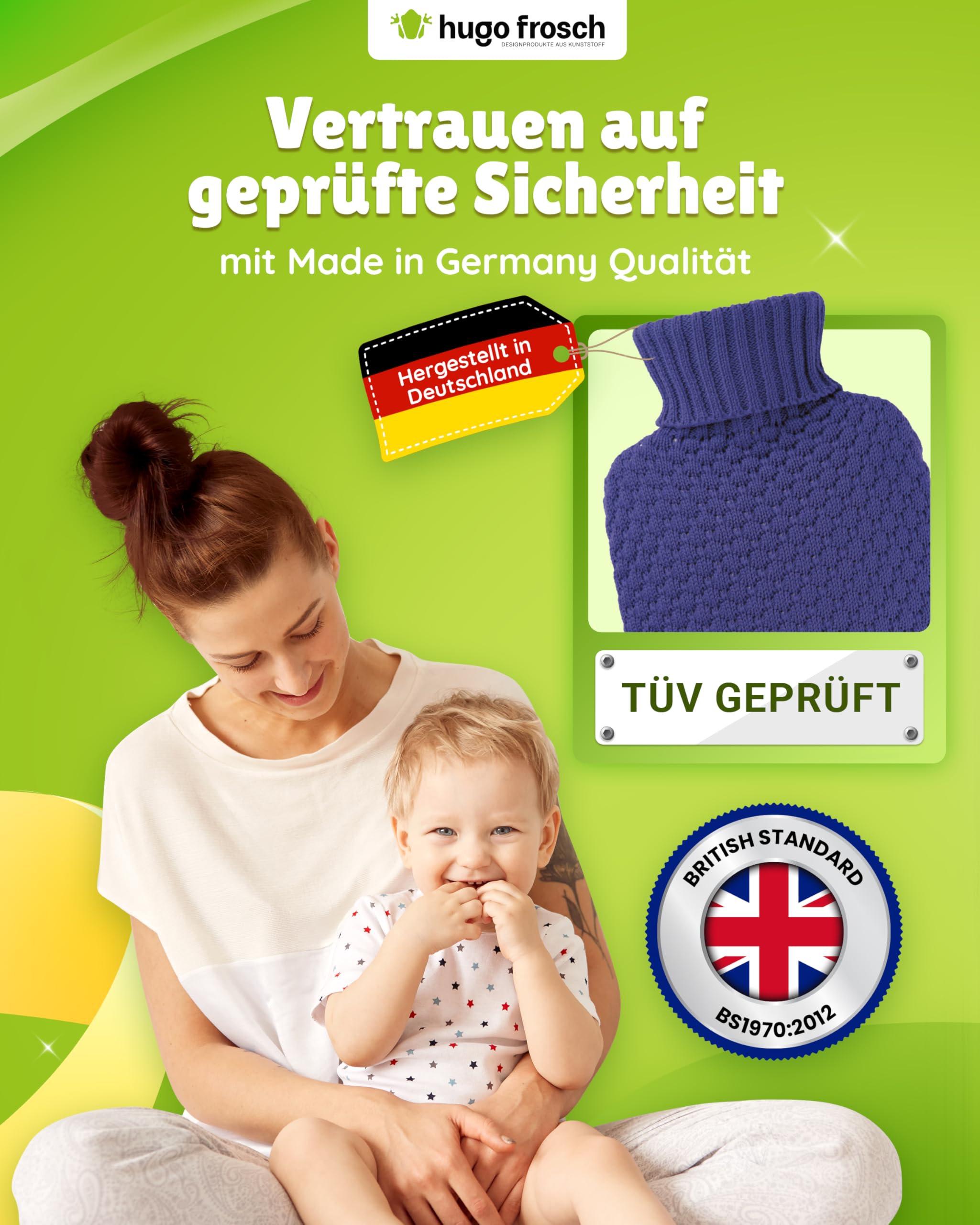 Hugo Frosch Wärmflasche Plant 1,8l – Made in Germany – mit kuscheligem Strickbezug Blau aus Bio-Baumwolle – große, auslaufsichere Bettflasche - mit waschbarem Bezug