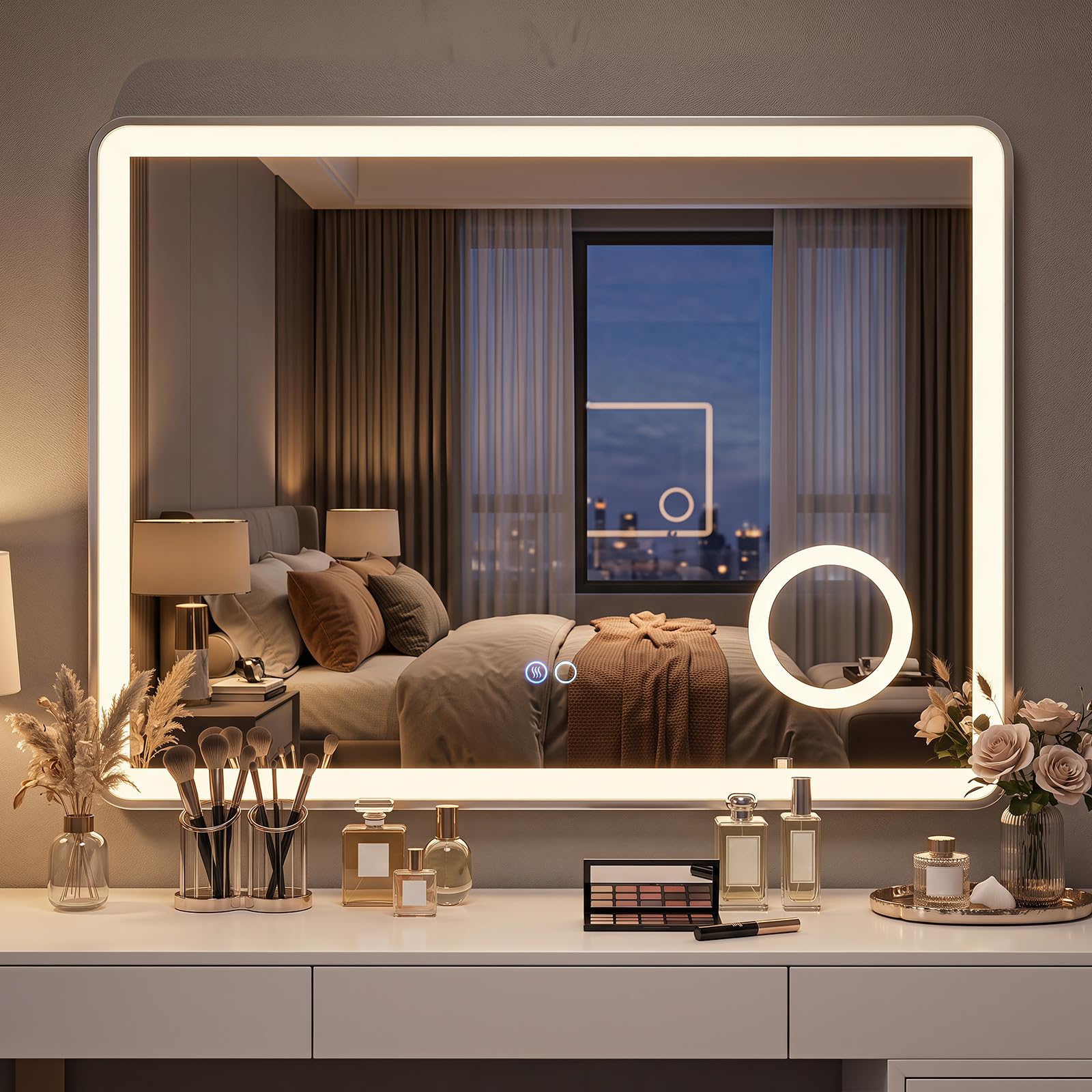 COSTWAY Specchio Bagno da Parete con Luce LED e Lente d'Ingrandimento 3X