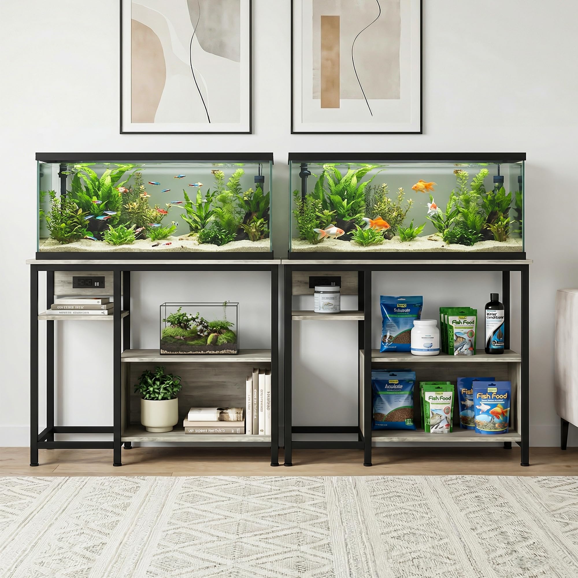 Garvee Aquariumständer mit Steckdosen für 40-50 Gallonen, stabiler Metall & Holz Aquarium Unterschrank mit 4 offenen Ablagen, hohe Tragkraft, verstellbare Füße
