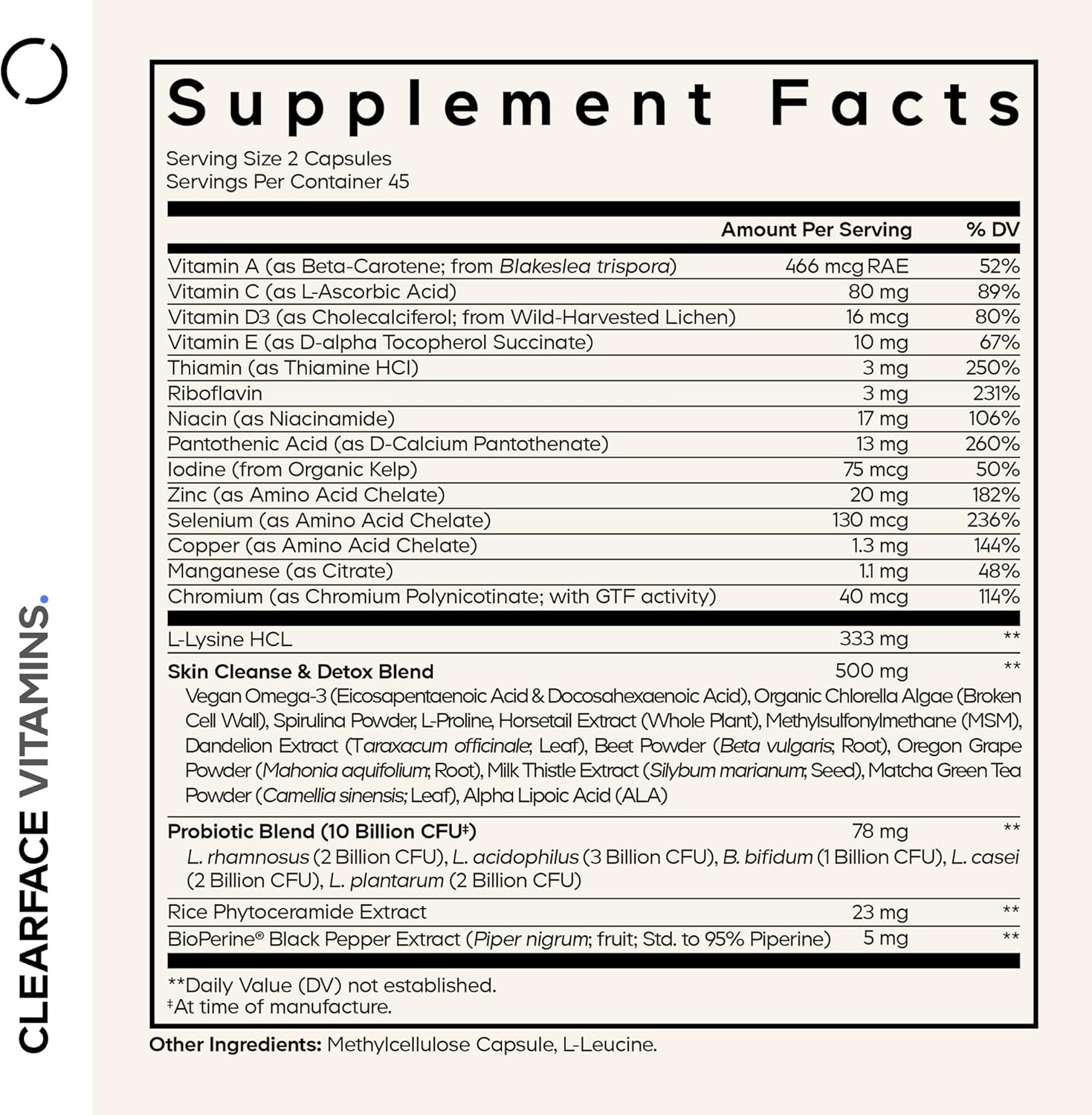 Codeage Clearface Pantothenic Acid, Niacin Supplement, Vitamins A, C, D3, E, Probiotics, Zinc, Riboflavin, Thiamin, L-Lysine HCL & Omega-3, Niacinamide, Skin Botanical Blend - Non-GMO - 90 Capsules