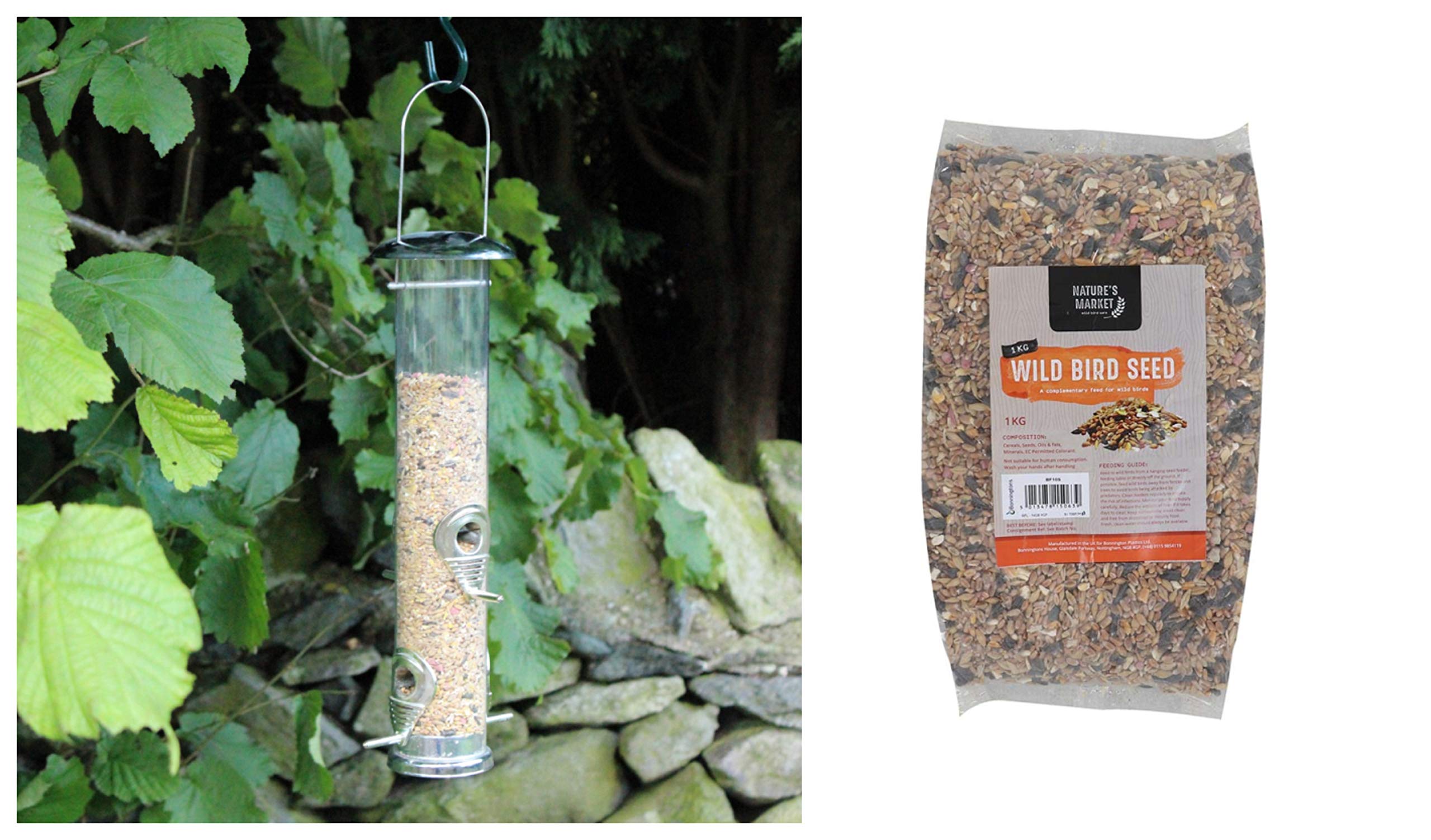 garden mile® Large Deluxe Seed Bird Feeder with 1kg Bag of Bird Feed Seed Hanging Bird Nut Seeds Bird Feeder Outdoor Garden Patio Wild Birds Wildlife Food