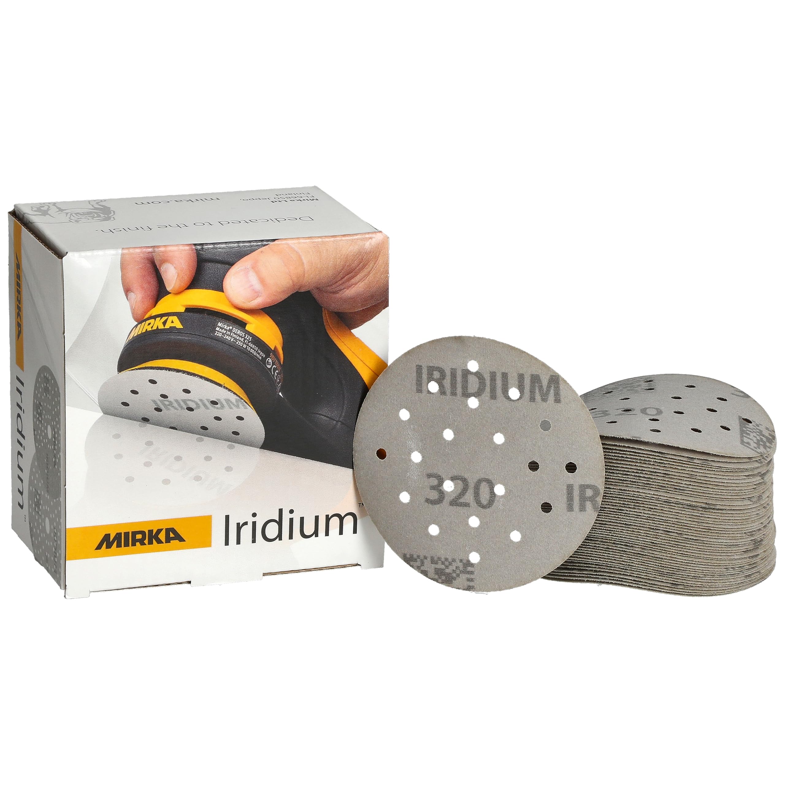 Mirka Iridium Premium Sandpaper Ø 77mm 20H Hook & loop Grit 320, 50 pcs/For sanding paint, putty, primer, wood, steel, mineral materials, plastic.