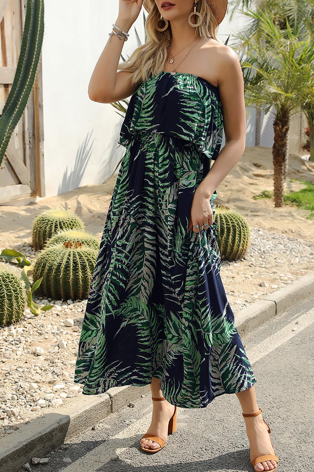 ZMPSIISA Vestido Largo de Verano para Mujer, con Hombros Descubiertos, Volantes, sin Tirantes, Color Azul y Blanco, de Porcelana, Estilo Bohemio, Informal, Holgado