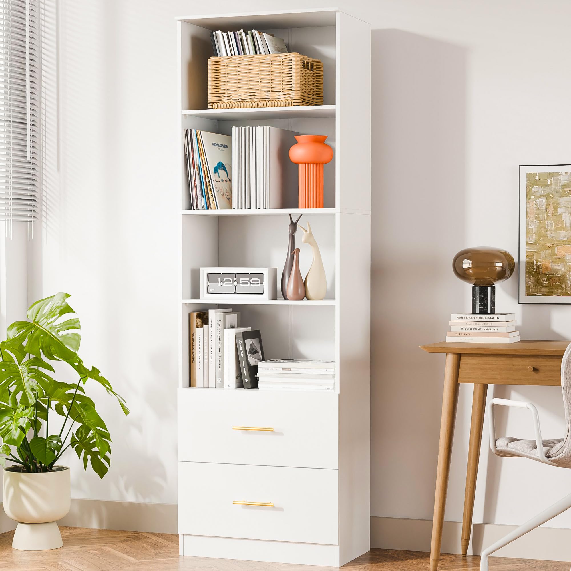 Cozy Castle 74.1'' Tall Bookcase with Drawers, 4-Tier Open Bookshelf & Adjustable Storage Shelves, 23.6" Wide Floor Standing Bookcase for Home Office,