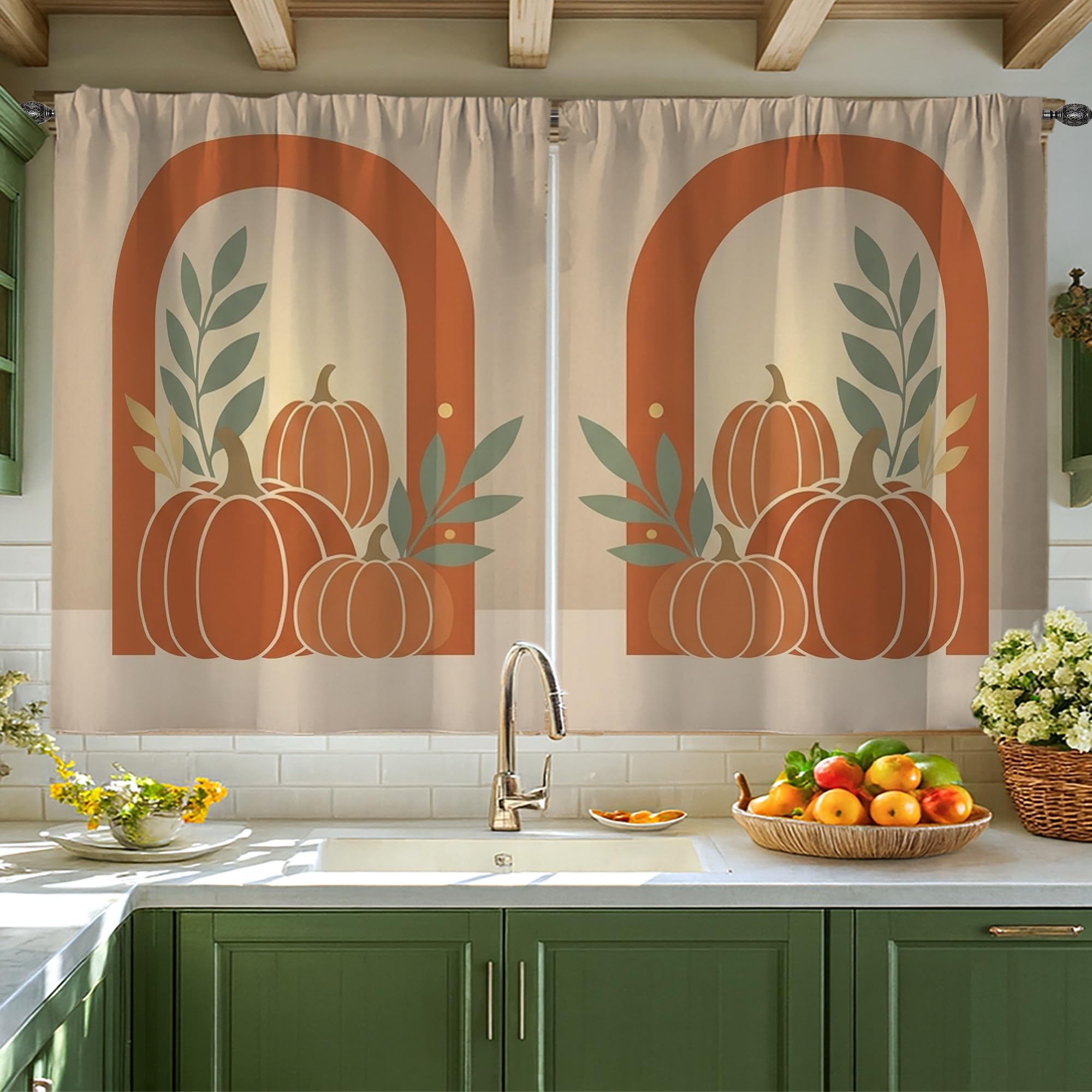 Rideaux cuisine évier rustique citrouille feuille automne 106x114
