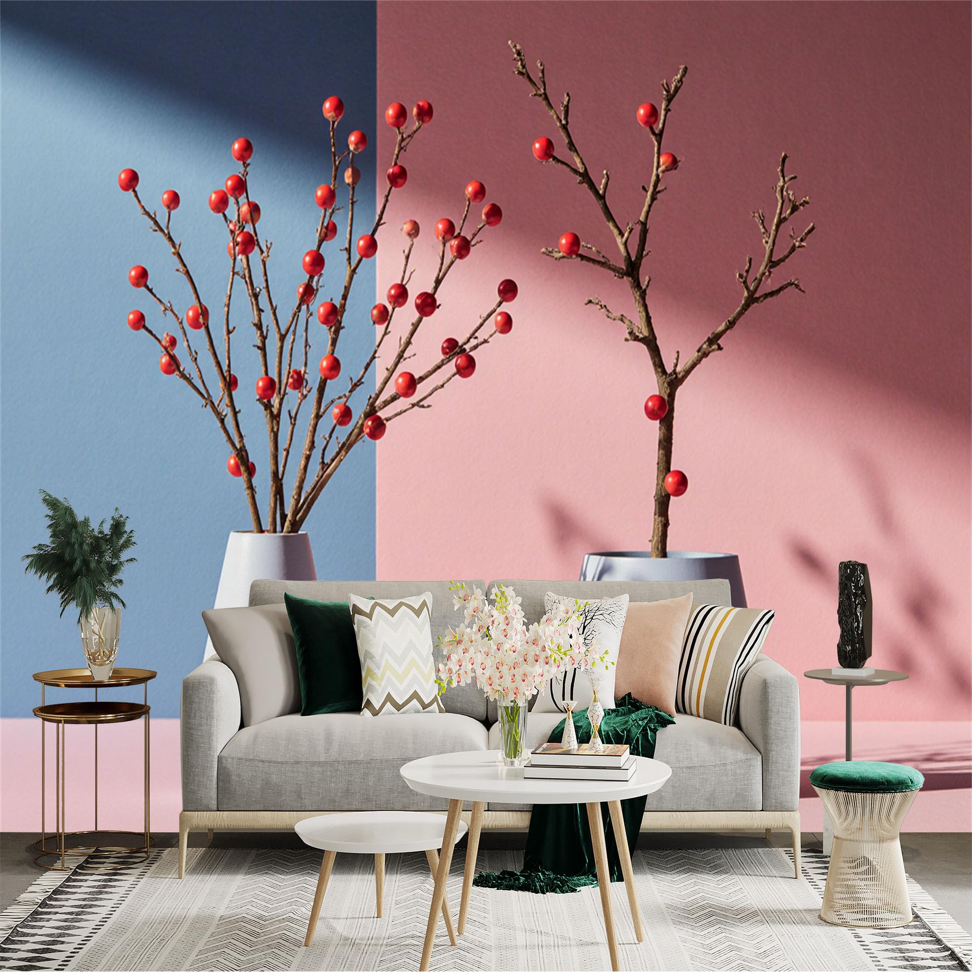Custom Size Wall Sticker Mural， Minimalist Red Berry Branches in Ceramic Vases， Modern Geometric Pastel Background， Abstract Botanical Art， for wall Decoration， peelandstick wall Decals.