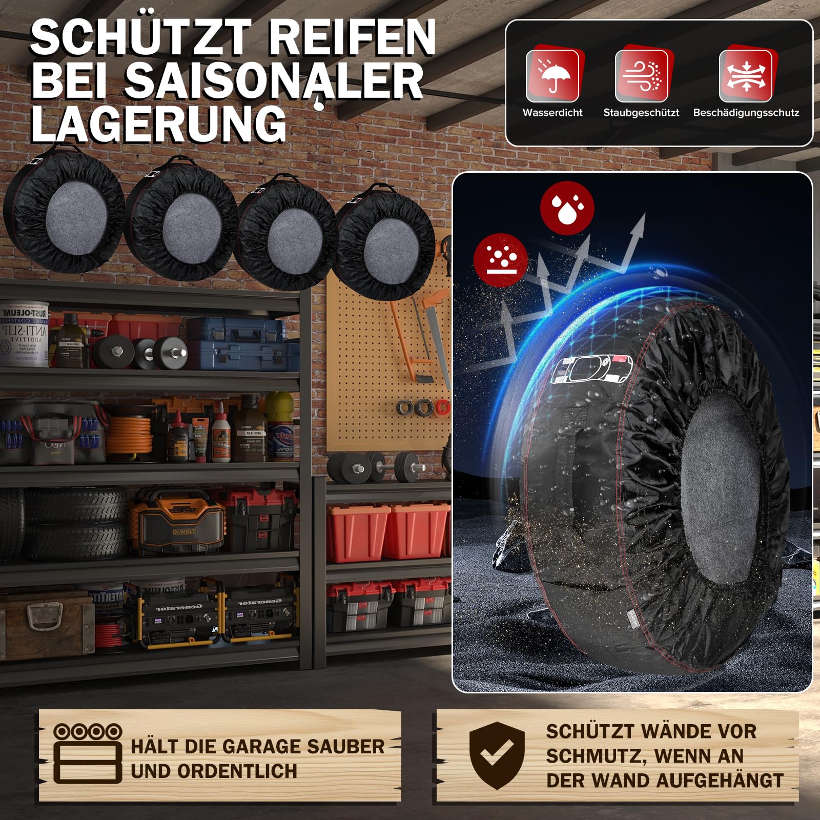 moveland reifentaschen 18-22 Zoll - Reißfeste reifentasche 4er Set- Keep Clean reifenschutzhülle - reifensäcke mit 4 Filzpads - wasserdicht staubdicht schützen lagern und transportieren Reifen