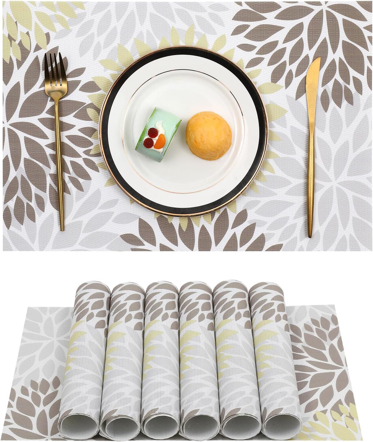 U'Artlines 6pcs Placemat, Floral Elegant Vinyl NonSlip Insulation