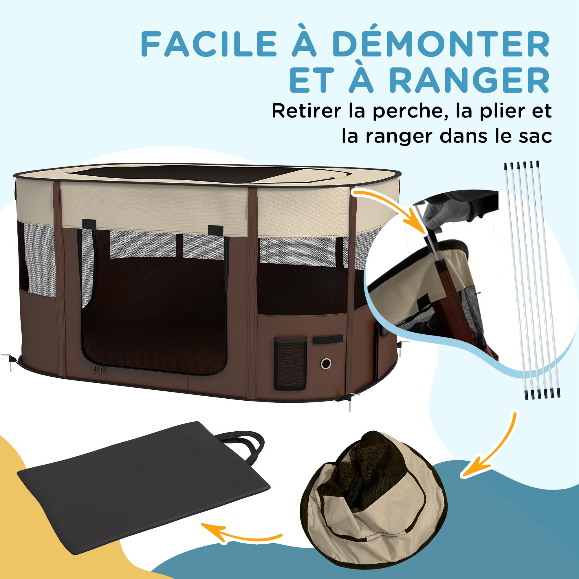 PawHut Parc pour Chien en Tissu Oxford, Enclos Extérieur Pliable pour Chiots, 114 x 89 x 59 cm, Blanc crème et Marron